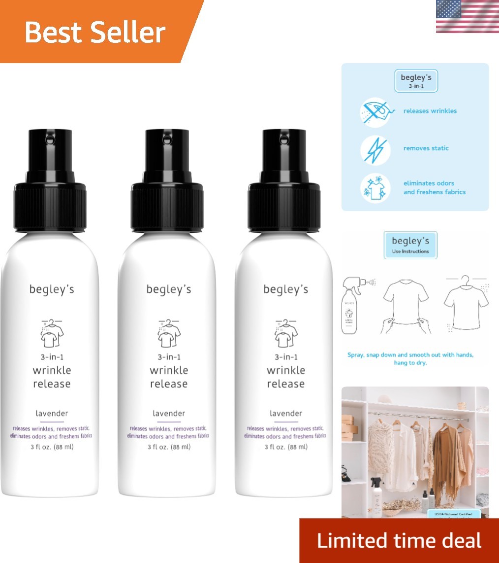 Travel-Size Lavender Fabric Refresher – No-Iron Wrinkle Release Spray, 3 Pack