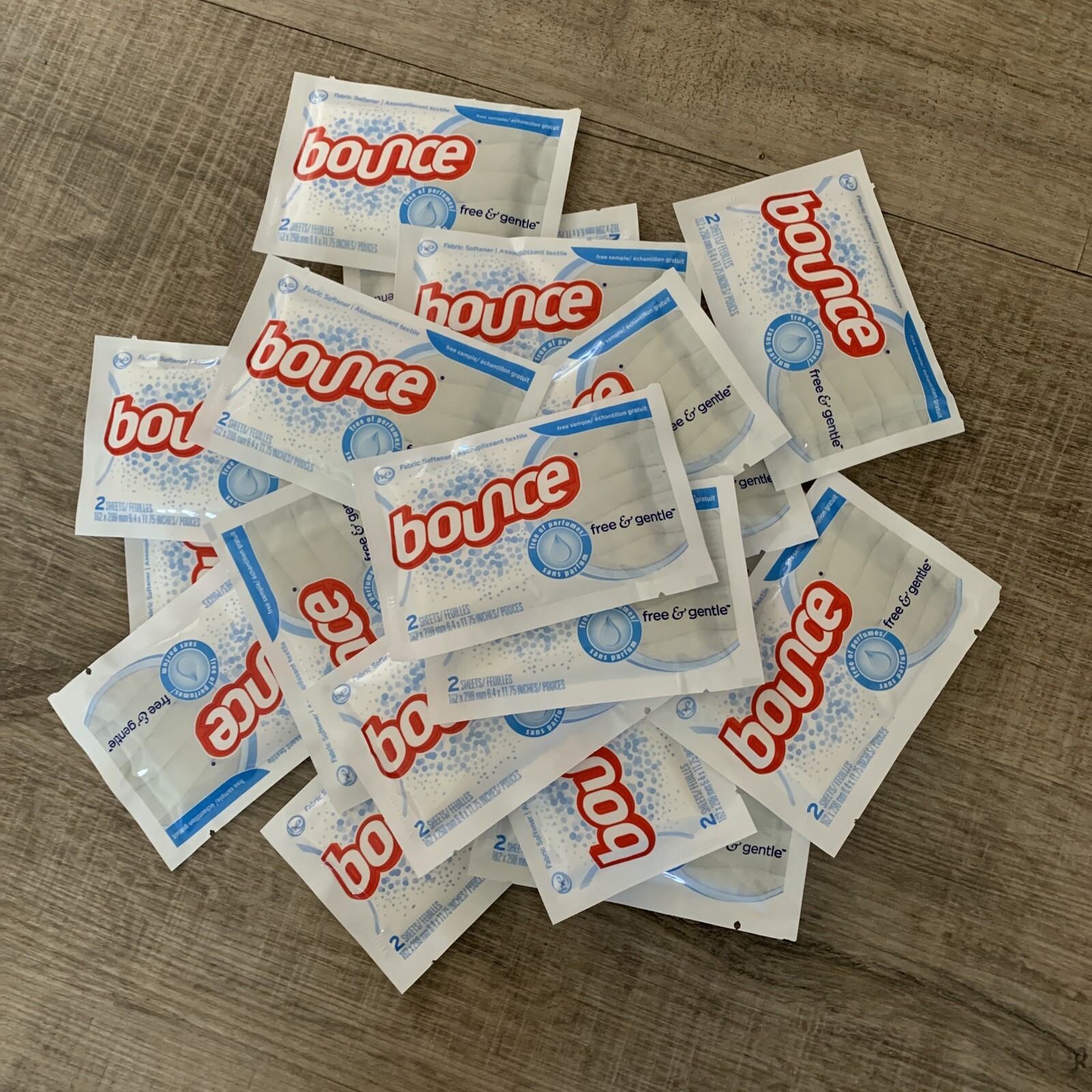 Lot of 20 Bounce Free & Gentle Fabric Softener 2-sheets per pack Travel Size