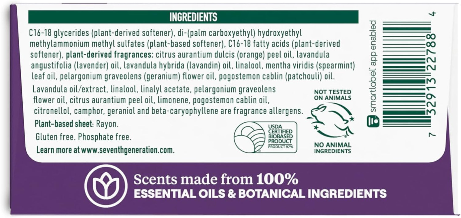 Seventh Generation Dryer Sheets Laundry Fabric Softener, Fresh Lavender Scent, 8