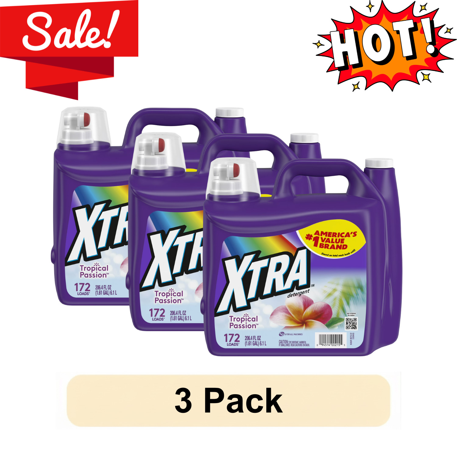 3-Pack Xtra Tropical Passion Liquid Laundry Detergent 172 Loads 206.4 oz