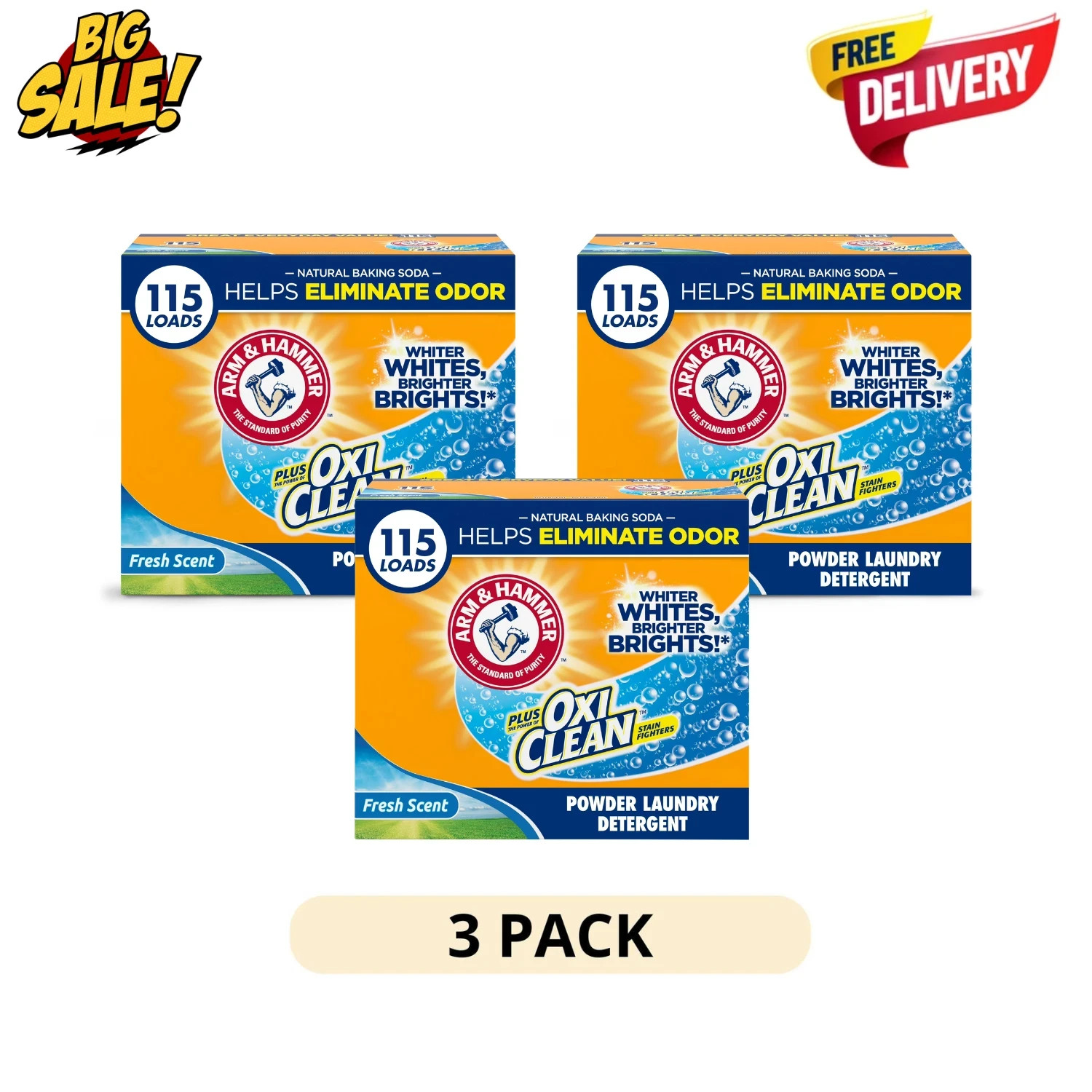 3 Pack Arm Hammer Plus OxiClean Laundry Detergent Powder 115 Loads Fresh Scent