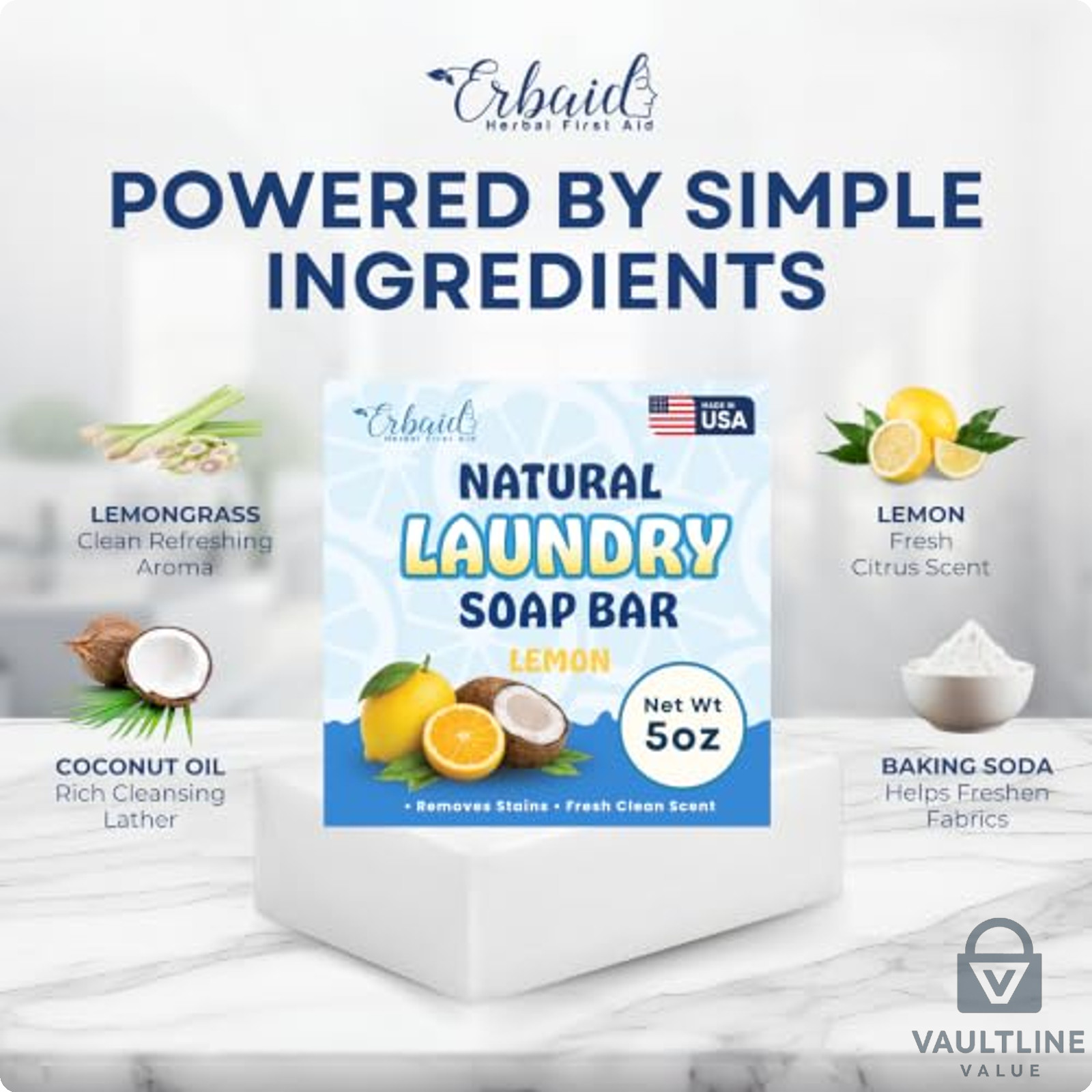 Erbaid 5 oz Natural Laundry Soap Bar – Lemon Scented Stain Remover