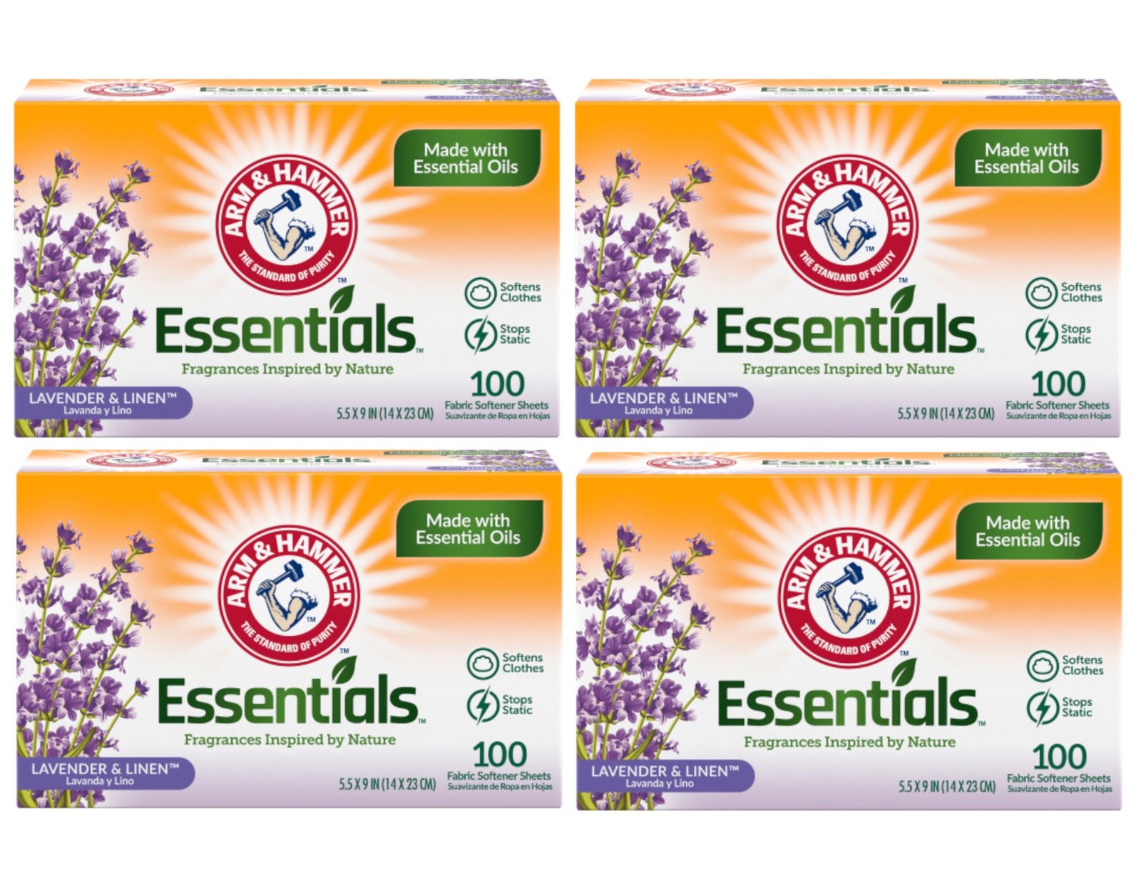 Arm & Hammer Essentials Lavender & Linen Fabric Softener Sheets 100 Ct Pack of 4