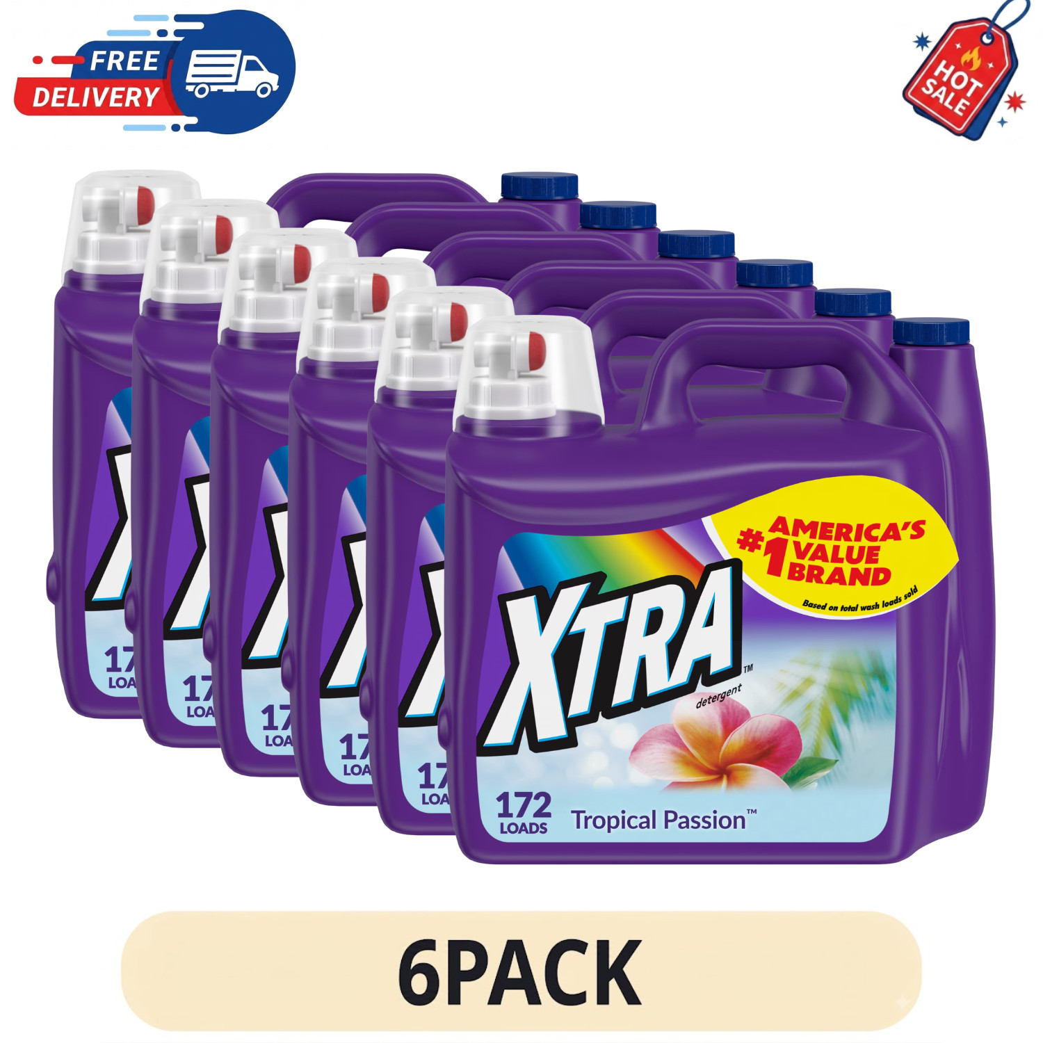 6 Pack Xtra Tropical Passion Liquid Laundry Detergent 206.4 fl oz 172 Loads