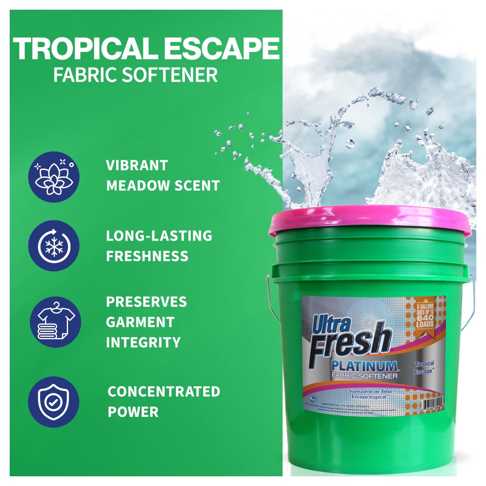 5 Gallon Liquid Fabric Softener for All Machines, 640 Loads, Tropical Escape Sce