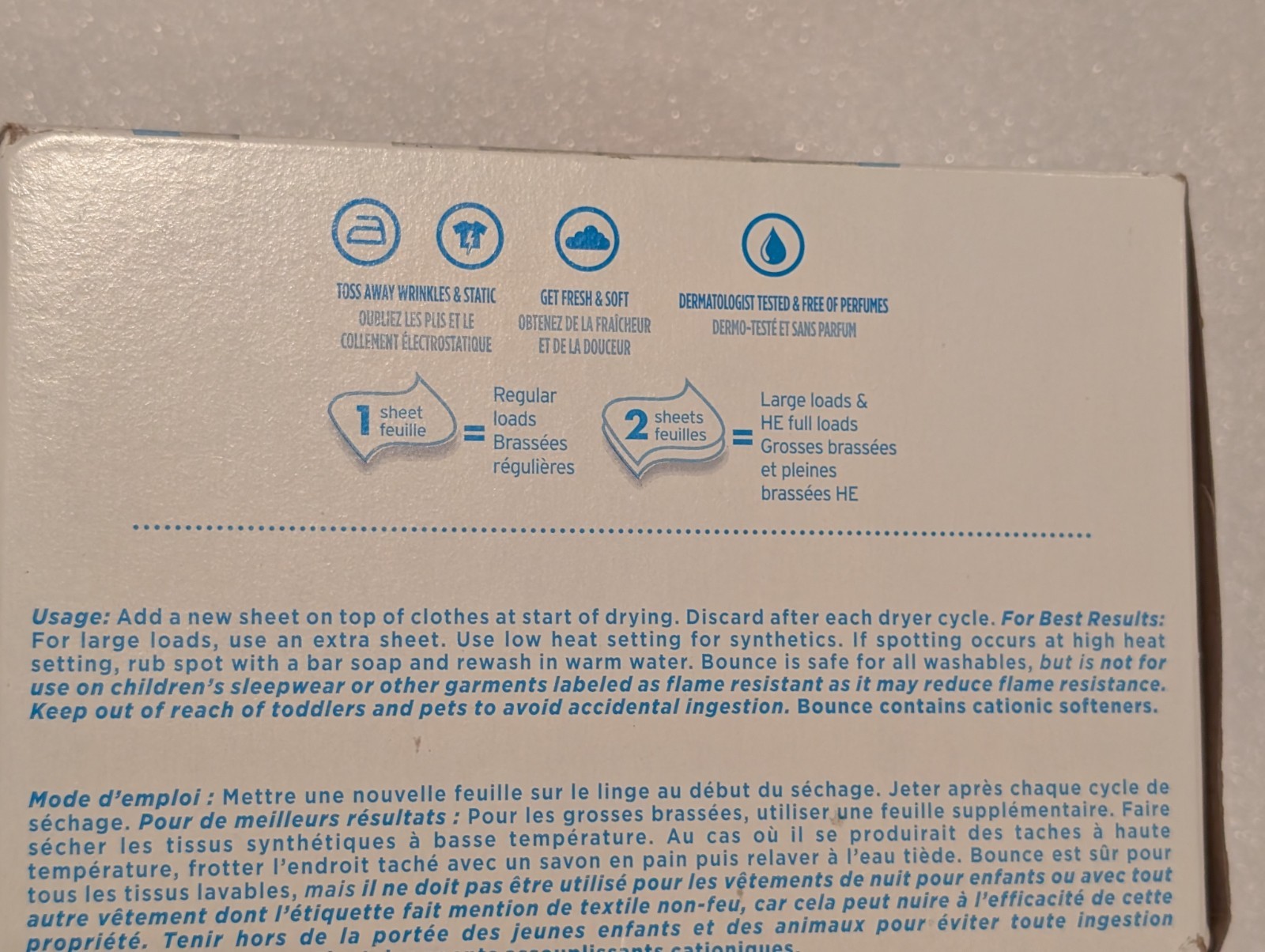 New! Bounce Free & Gentle dryer sheets 250 count box, no perfume, Derm tested