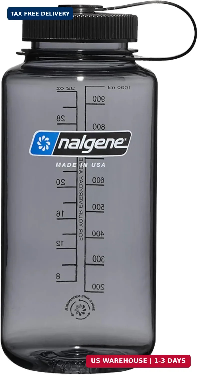Nalgene 32 oz Wide Mouth Water Bottle, Gray w/ Black Lid | BPA-Free, Durable & L