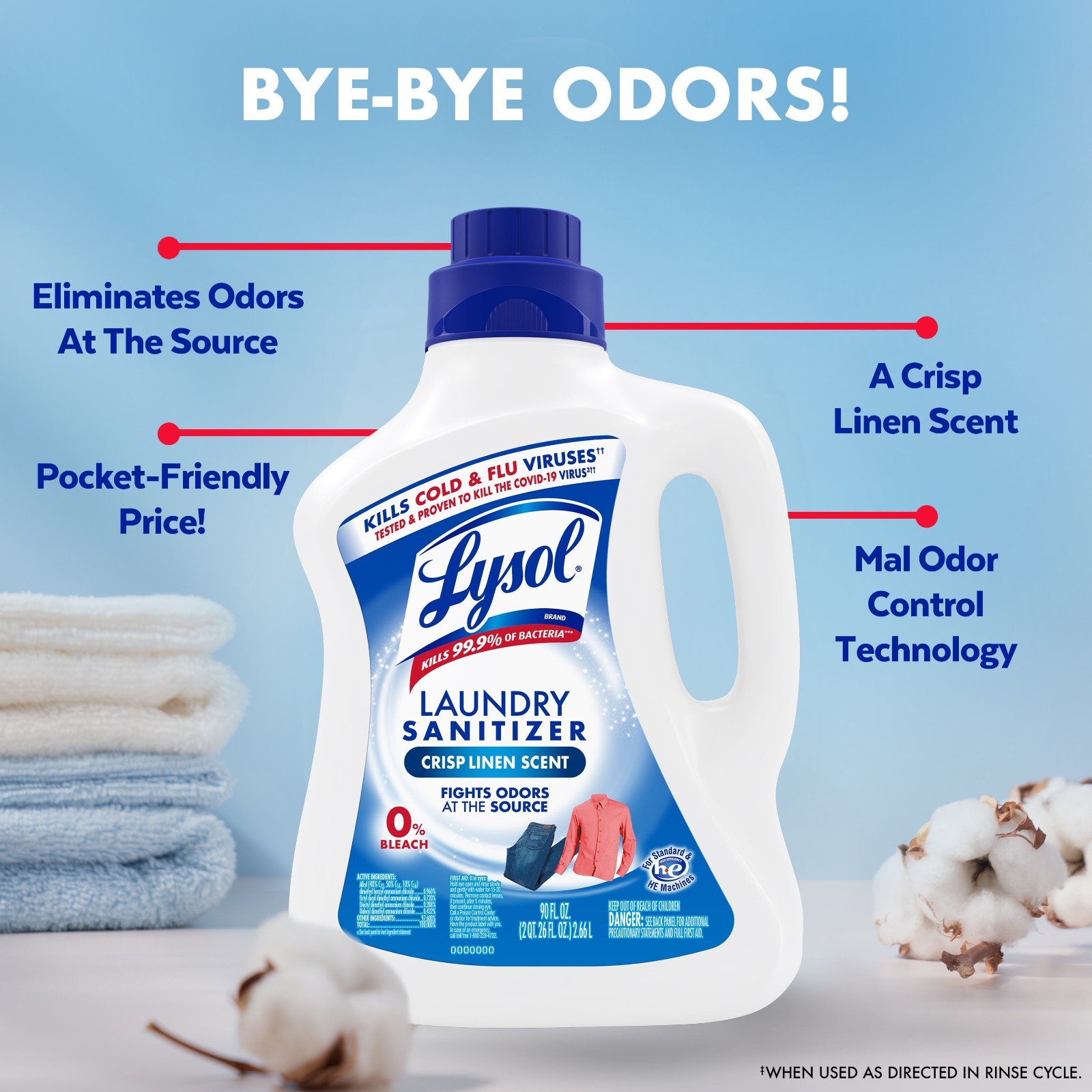 3PK Lysol Laundry Sanitizer Crisp Linen 90 oz, Kills 99.9% Bacteria Odor Reducer