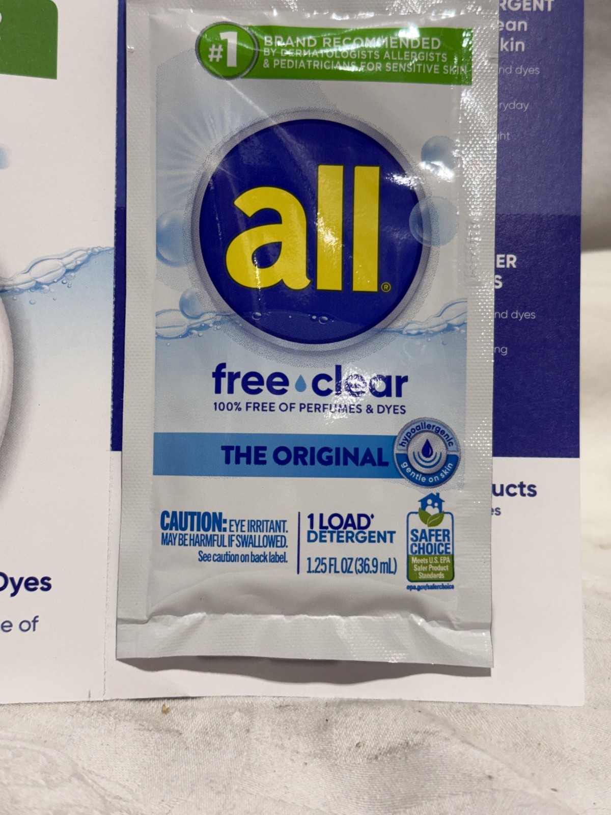 Box of 21 All Free and Clear Laundry Detergent 1.25 oz Travel Size Single Load
