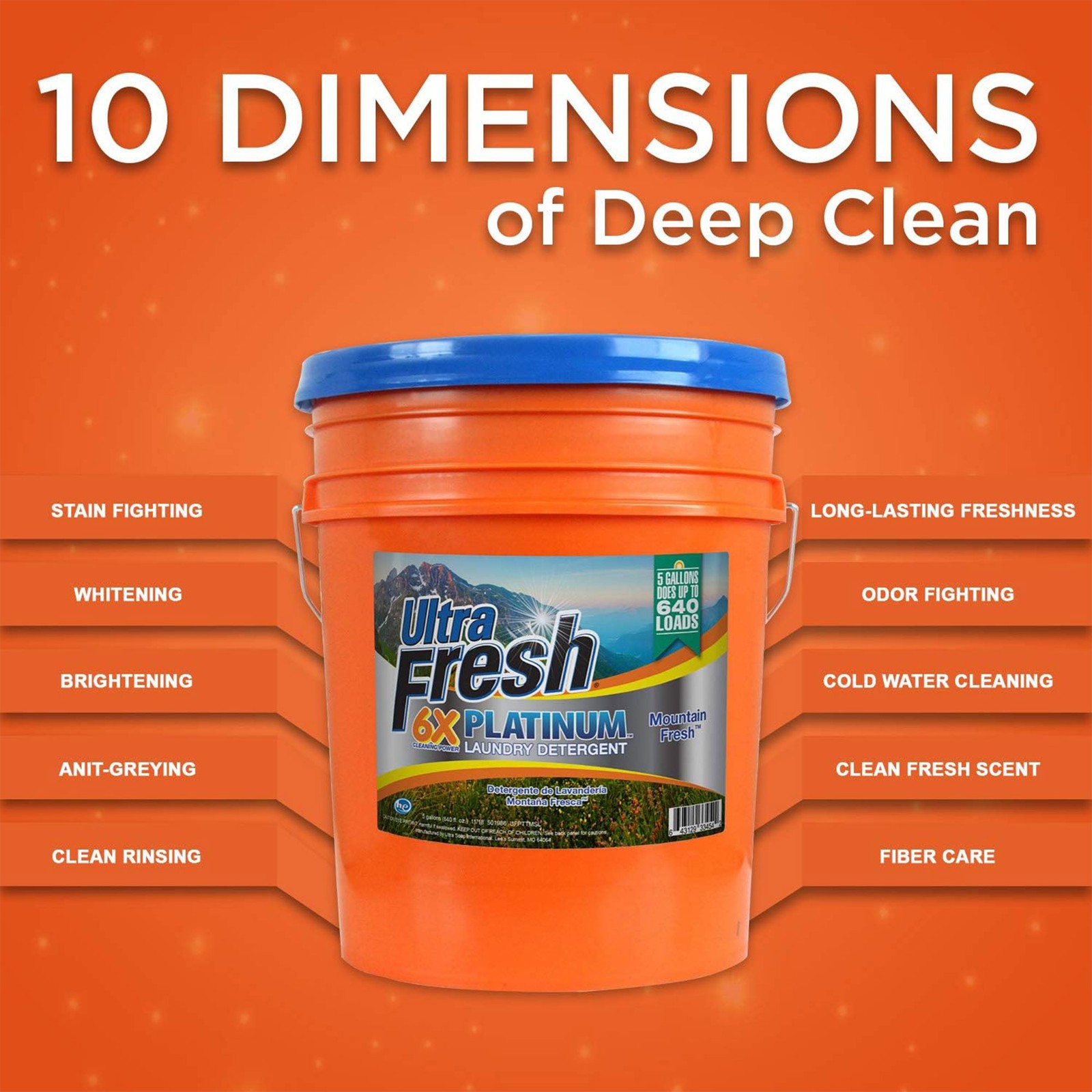 Ultra Fresh 6X Platinum 5 Gal Laundry Detergent, Up to 640 Loads, Mountain Fresh