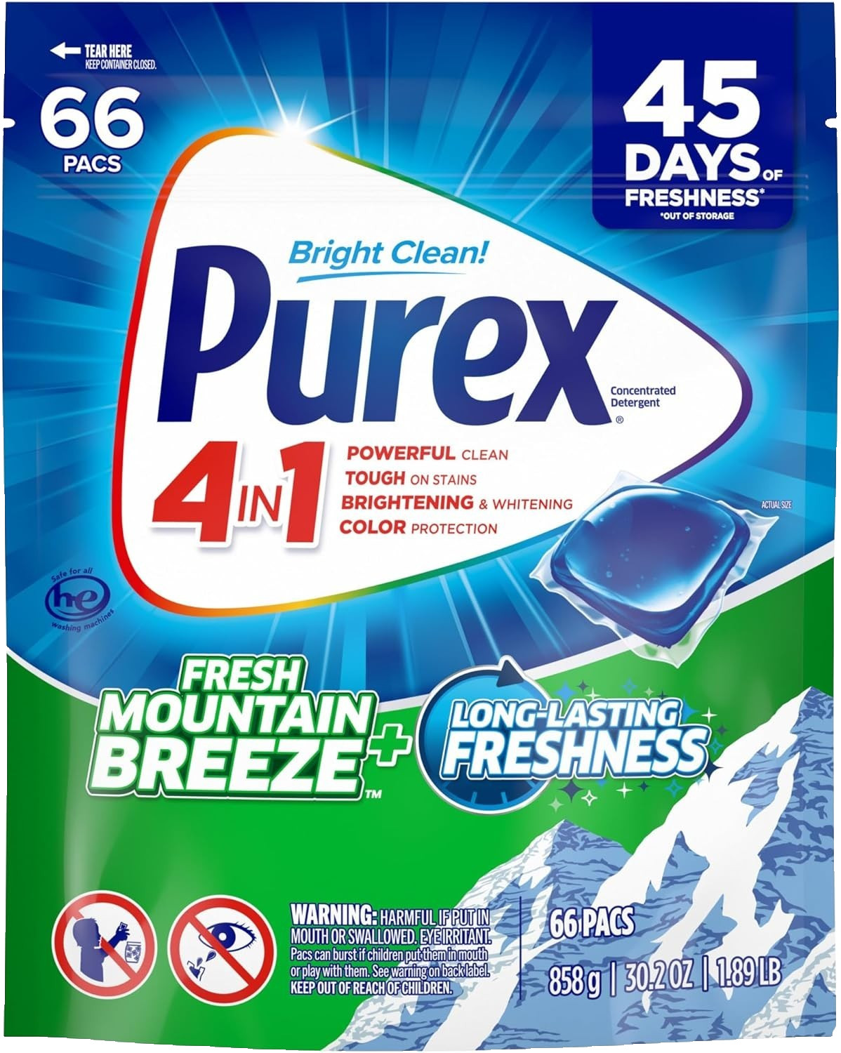 Purex Fresh Mountain Breeze Laundry Detergent Pacs, 66 Count, Pre Measured Pacs