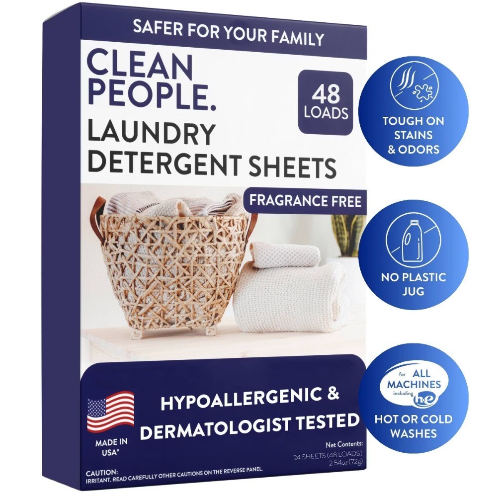 Clean People Laundry Sheets – Fragrance Free, 48 Loads, Hypoallergenic, Vegan