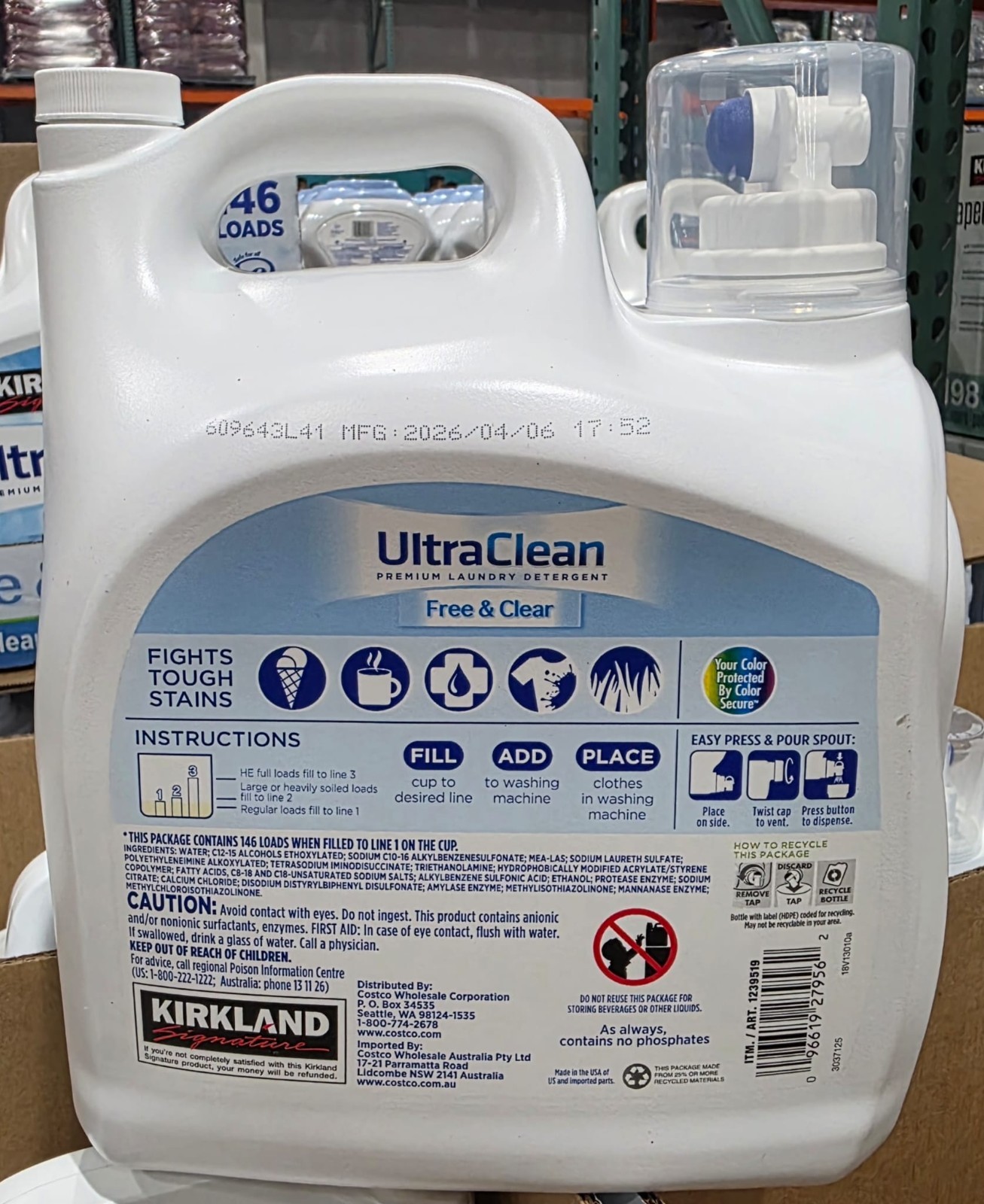 Kirkland Signature Ultra Clean Free & Clear Laundry Detergent 146 Loads 194 oz H