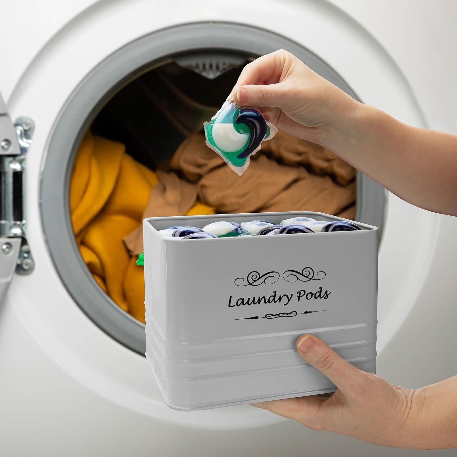 Laundry Pods Holder – Modern Farmhouse Laundry Pods Container – Metal Detergent