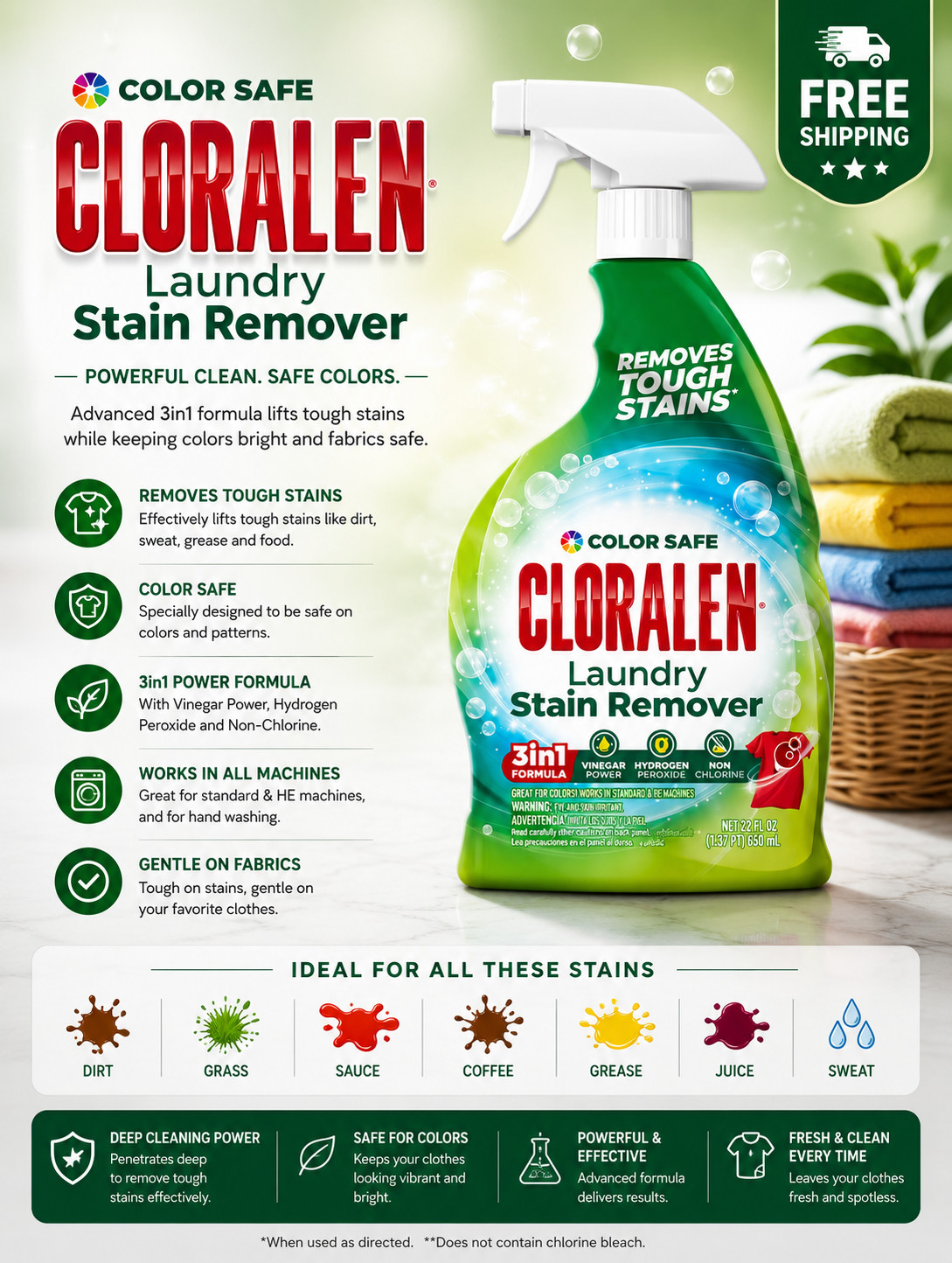 Cloralen Laundry Stain Remover Trigger 22 Oz – Free Shipping USA