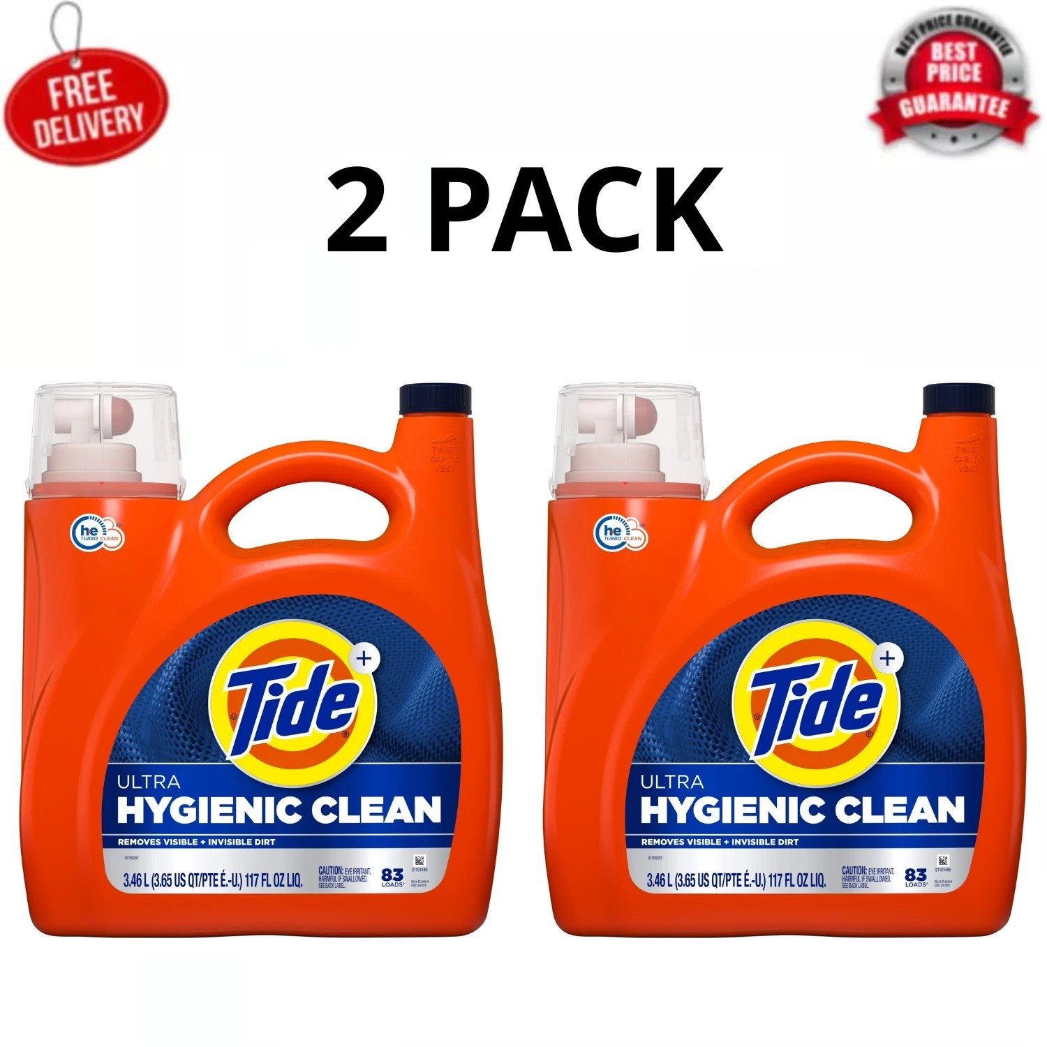 (2 Pack) Tide Ultra Hygienic Clean Laundry Detergent Original 117 oz 83 Loads,
