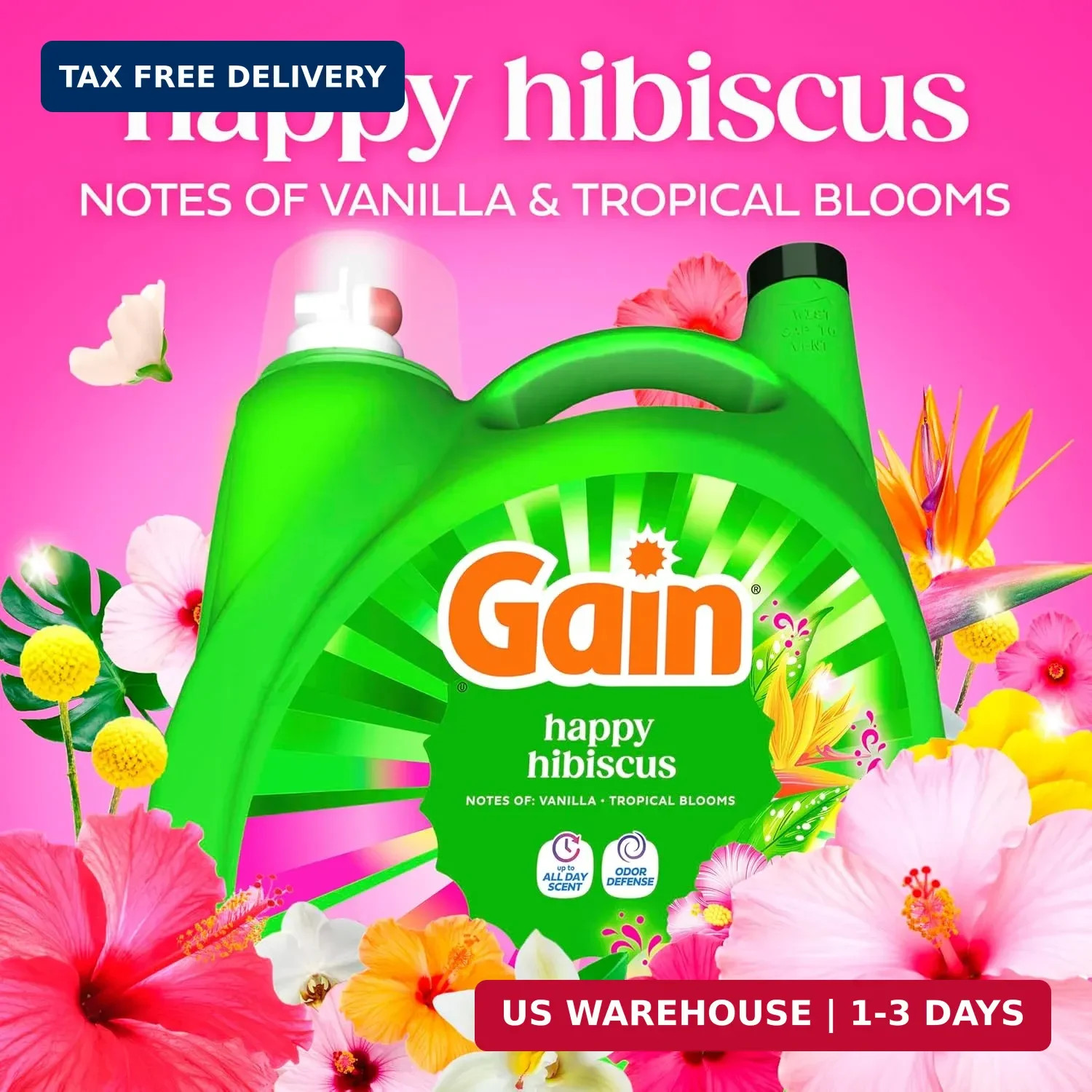Gain Liquid Laundry Detergent, With Odor Defense, Happy Hibiscus Scent, Laundry