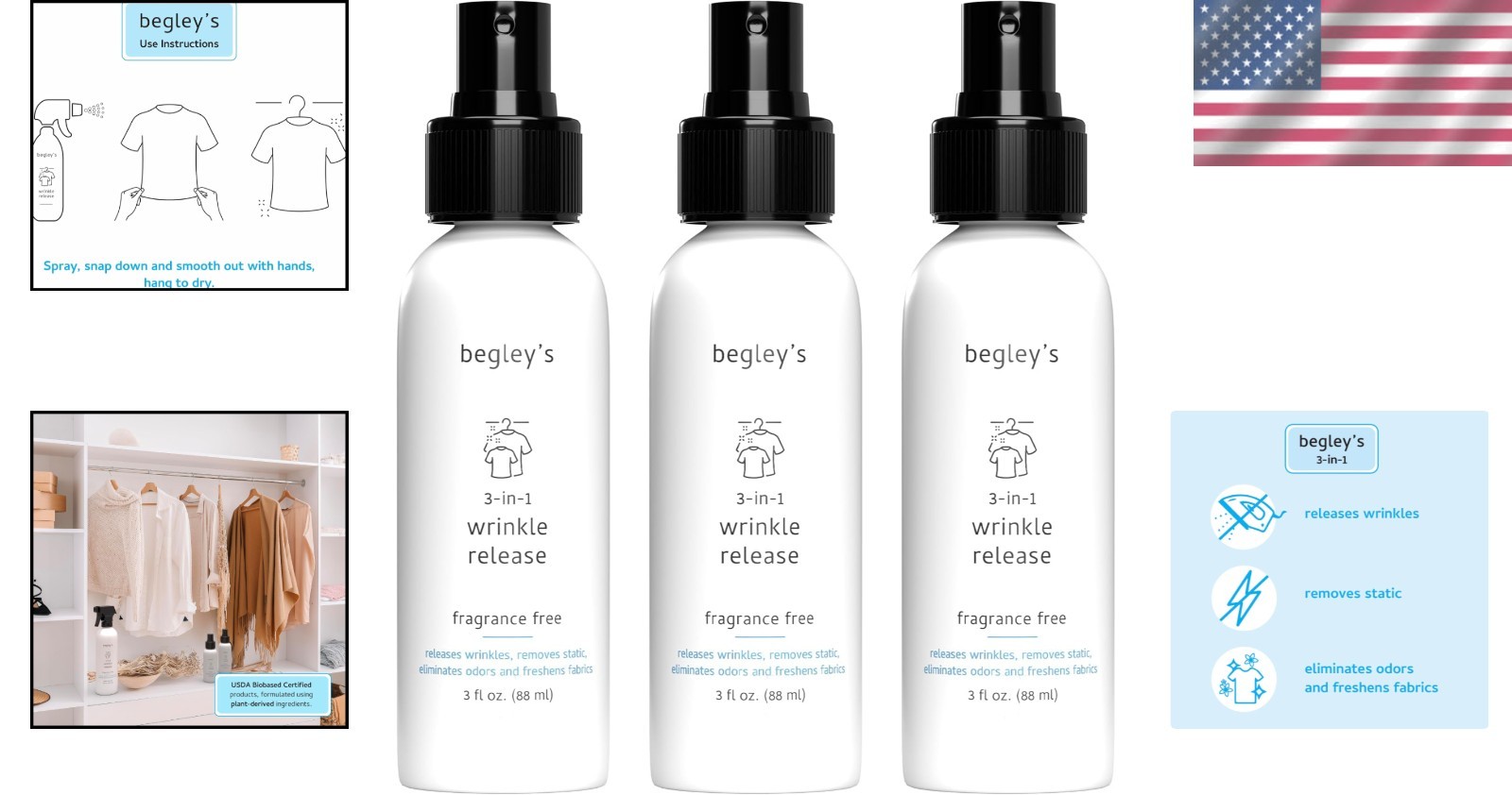 Travel-Ready Fragrance-Free Wrinkle Release Spray – Biobased & Effective, 3 oz