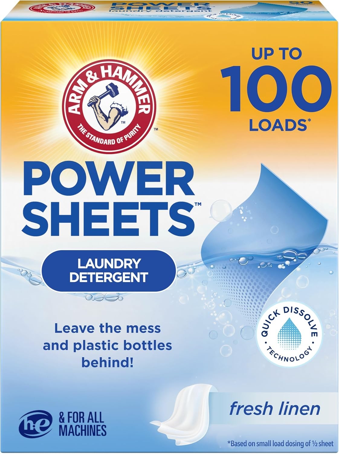Arm & Hammer Power Sheets Laundry Detergent, Fresh Linen 50ct, up to 100 Small L