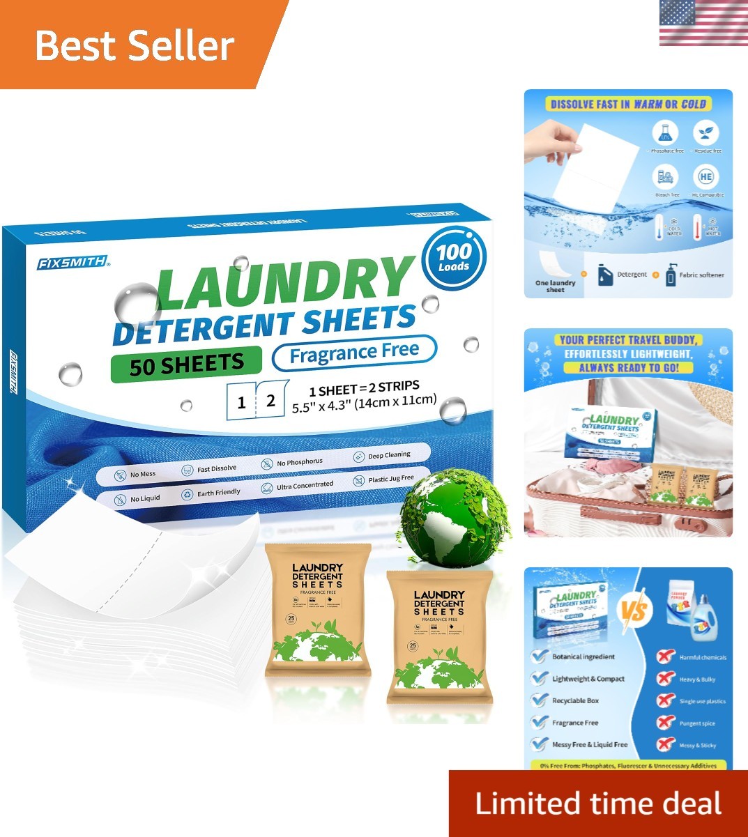 Plastic-Free Laundry Detergent Strips – 50 Unscented Sheets for Sensitive Skin