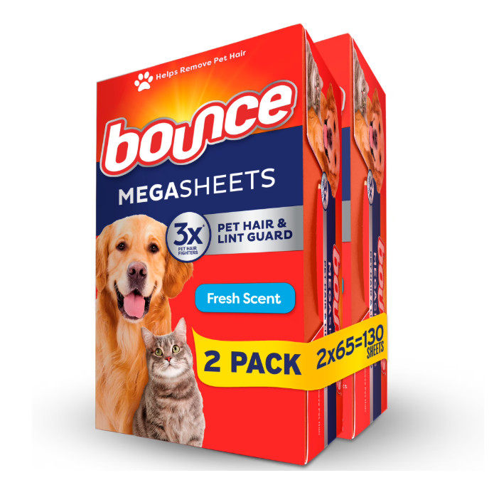 2 PACK bounce Pet Hair & Lint Guard MEGA DRYER SHEETS with 3X Pet Hair Fighter
