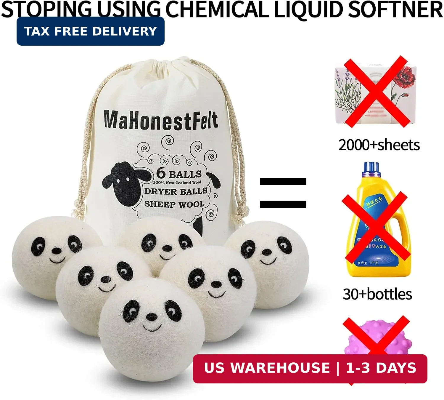 Wool Dryer Balls – Natural Fabric Softener, Reusable, Reduces Clothing Wrinkles