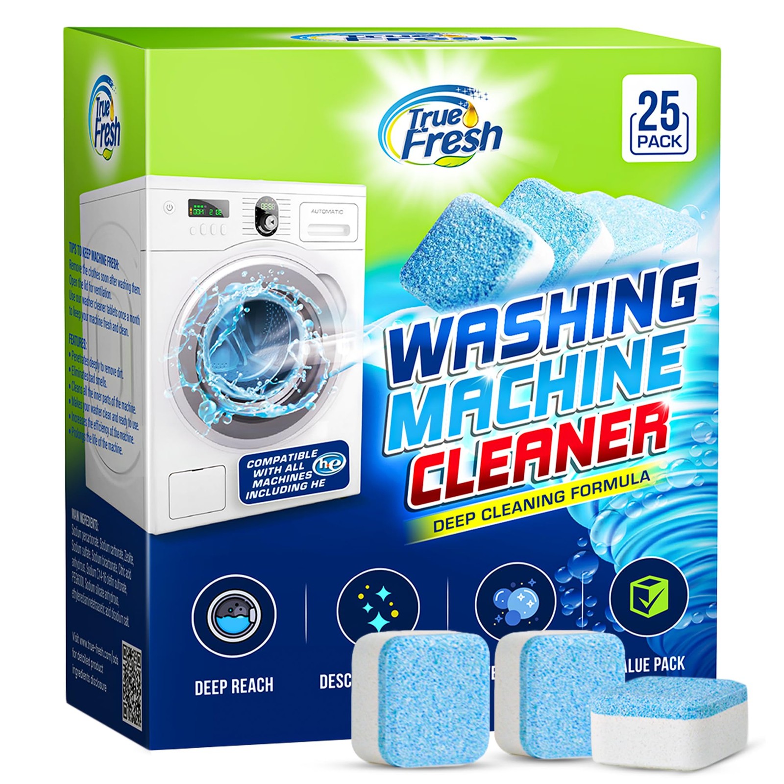 True Fresh Washing Machine Cleaner Tablets 25 Count (Pack of 1), White & Blue