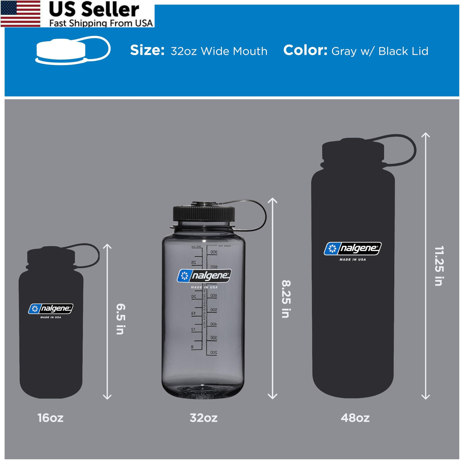 Nalgene 32 oz Wide Mouth Water Bottle | 32 Ounces, Gray w/ Black Lid