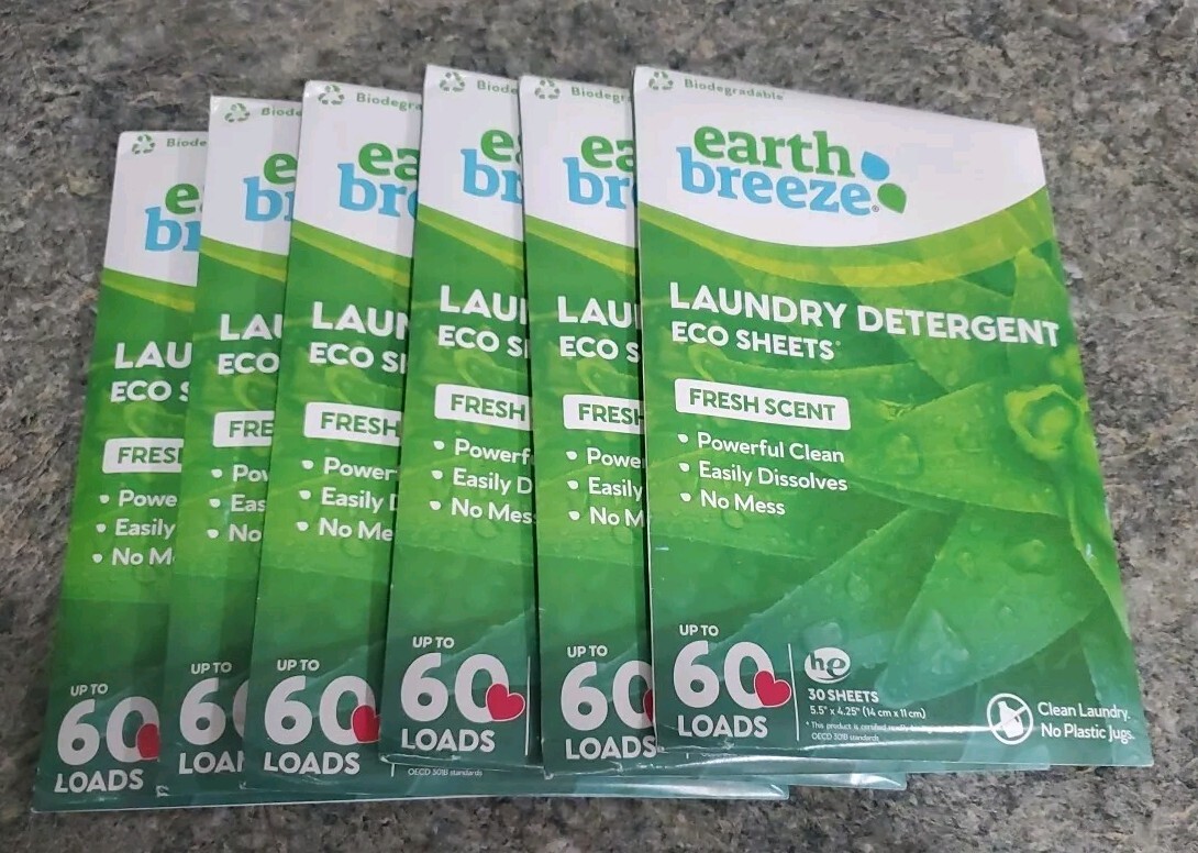 6 Packs Earth Breeze Laundry Detergent Sheets Fresh Scent 180 Sheets/360 Loads