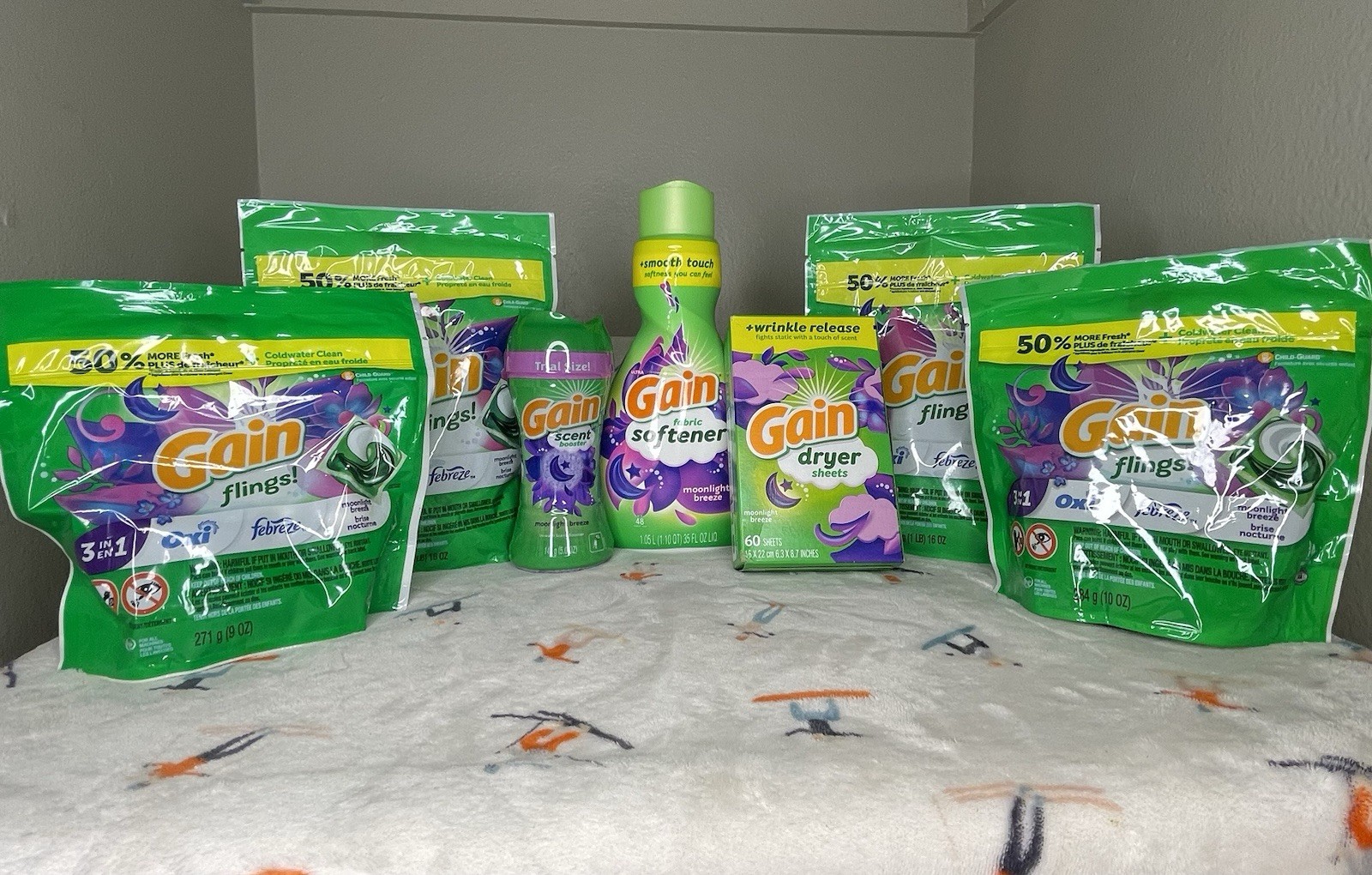 (7-PIECE) Gain + Febreeze Flings 76/cnt Laundry Bundle • Scent: Moonlight Breeze