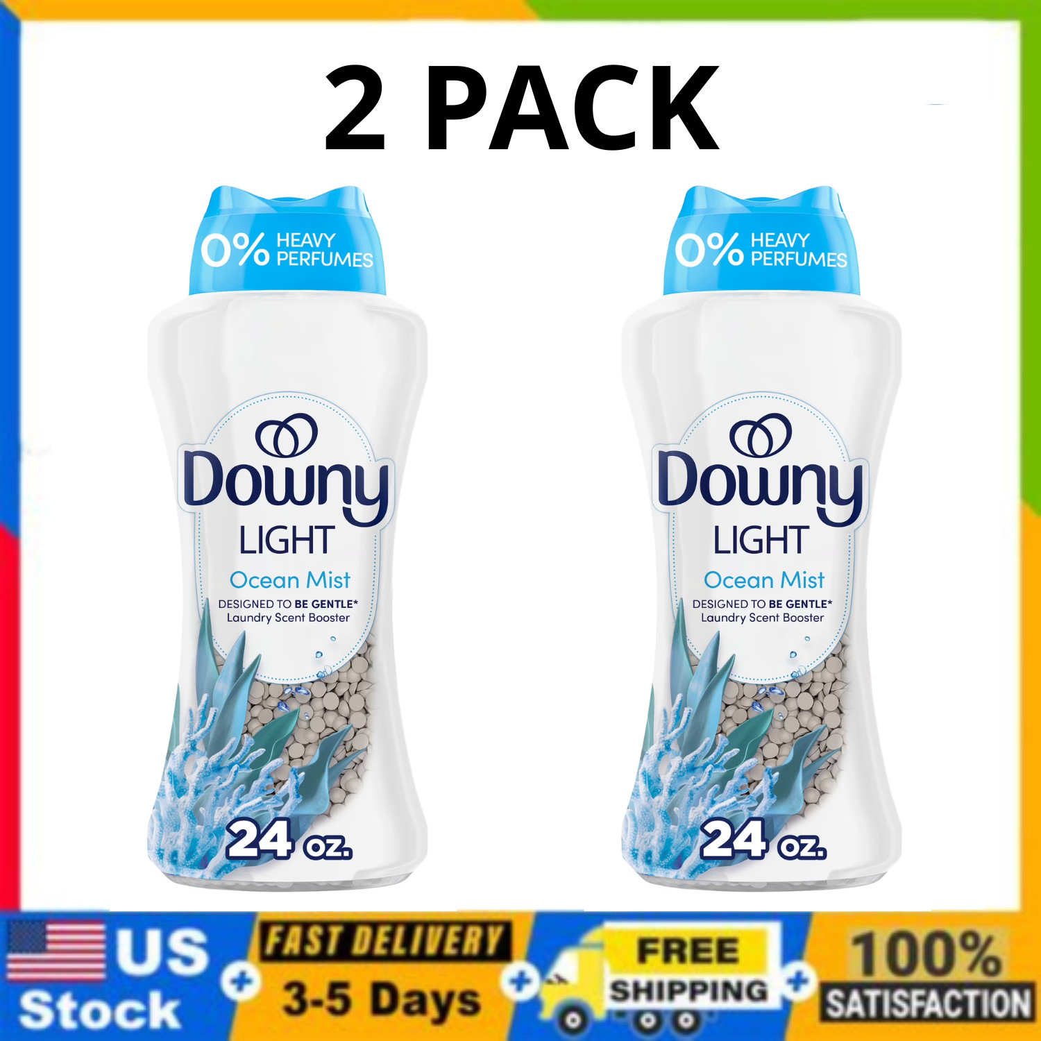 Downy Light In-Wash Scent Booster Beads Ocean Mist 24 oz No Heavy Perfum, 2 Pack