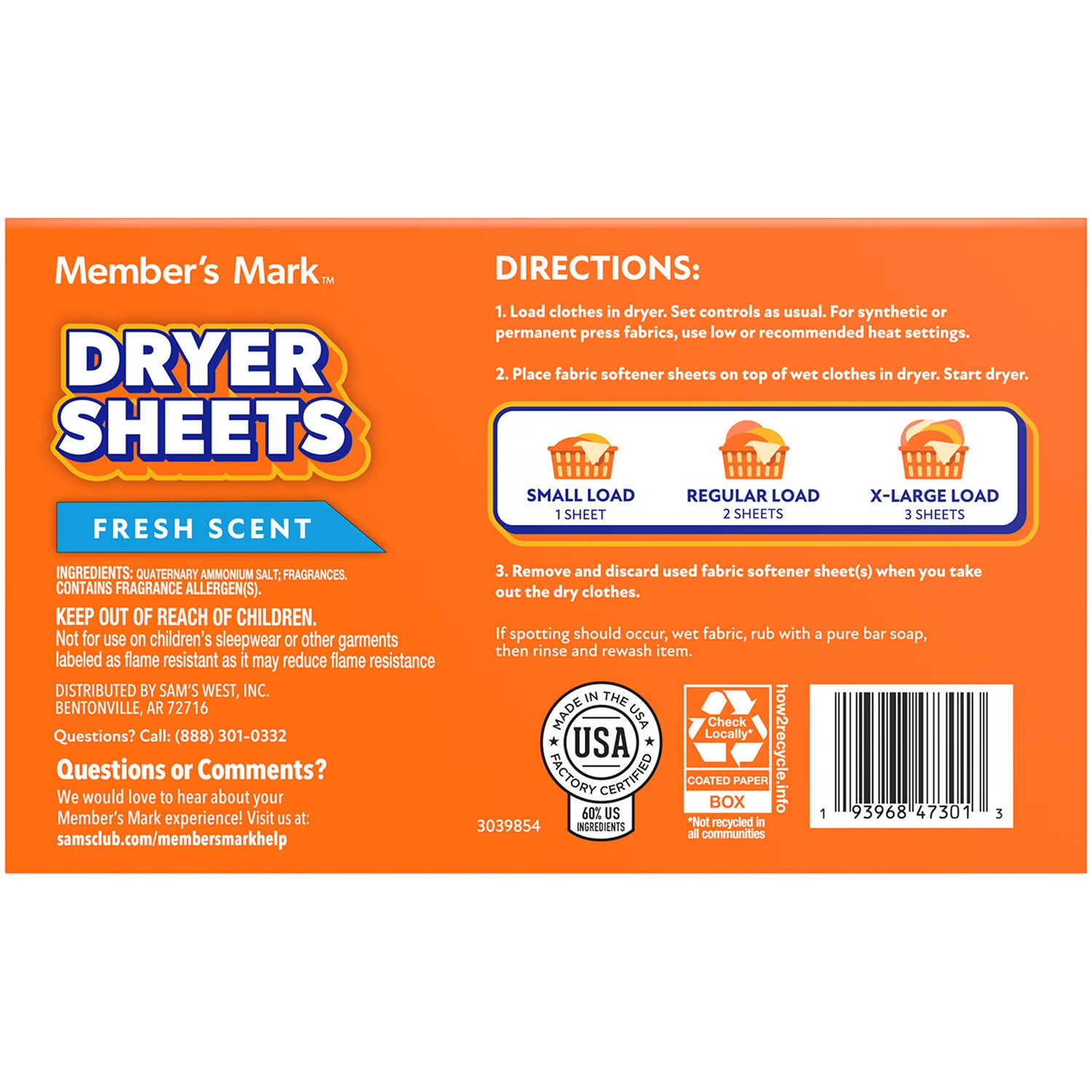 Member’s Mark Fabric Softener Dryer Sheets, Fresh Scent, 480 ct. Static Reducer