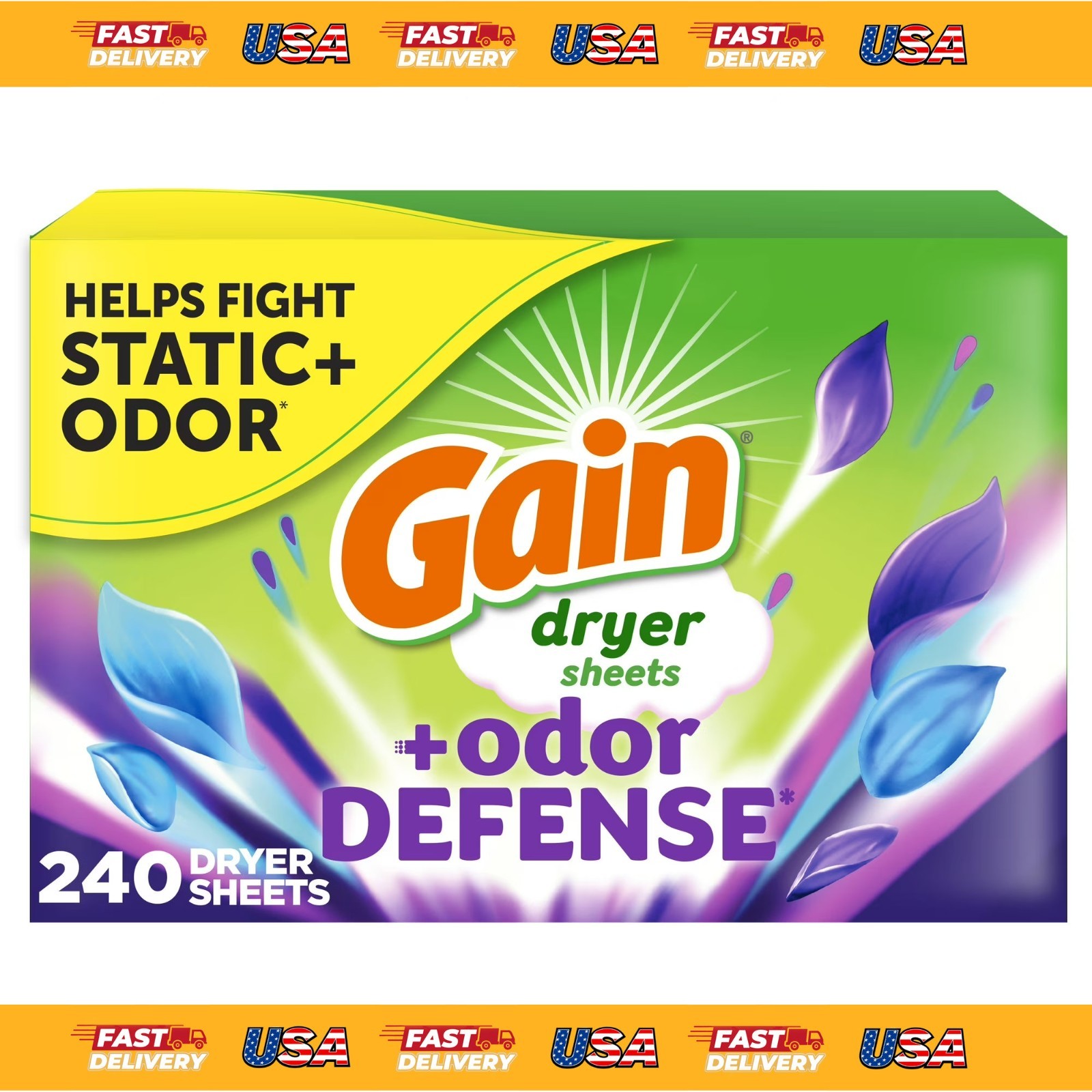 Gain Fabric Softener Dryer Sheets +Odor Defense, Super Fresh Blast Scent, 240