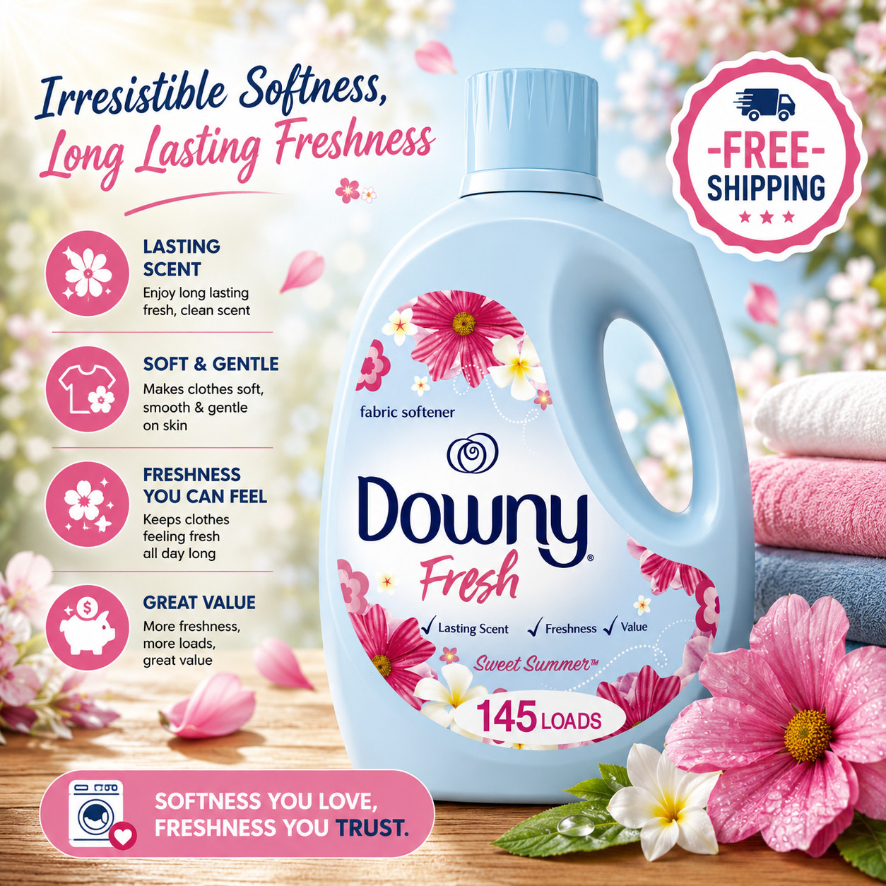 Downy Fresh Fabric Softener Sweet Summer 125 fl oz 145 Loads- Free Shipping