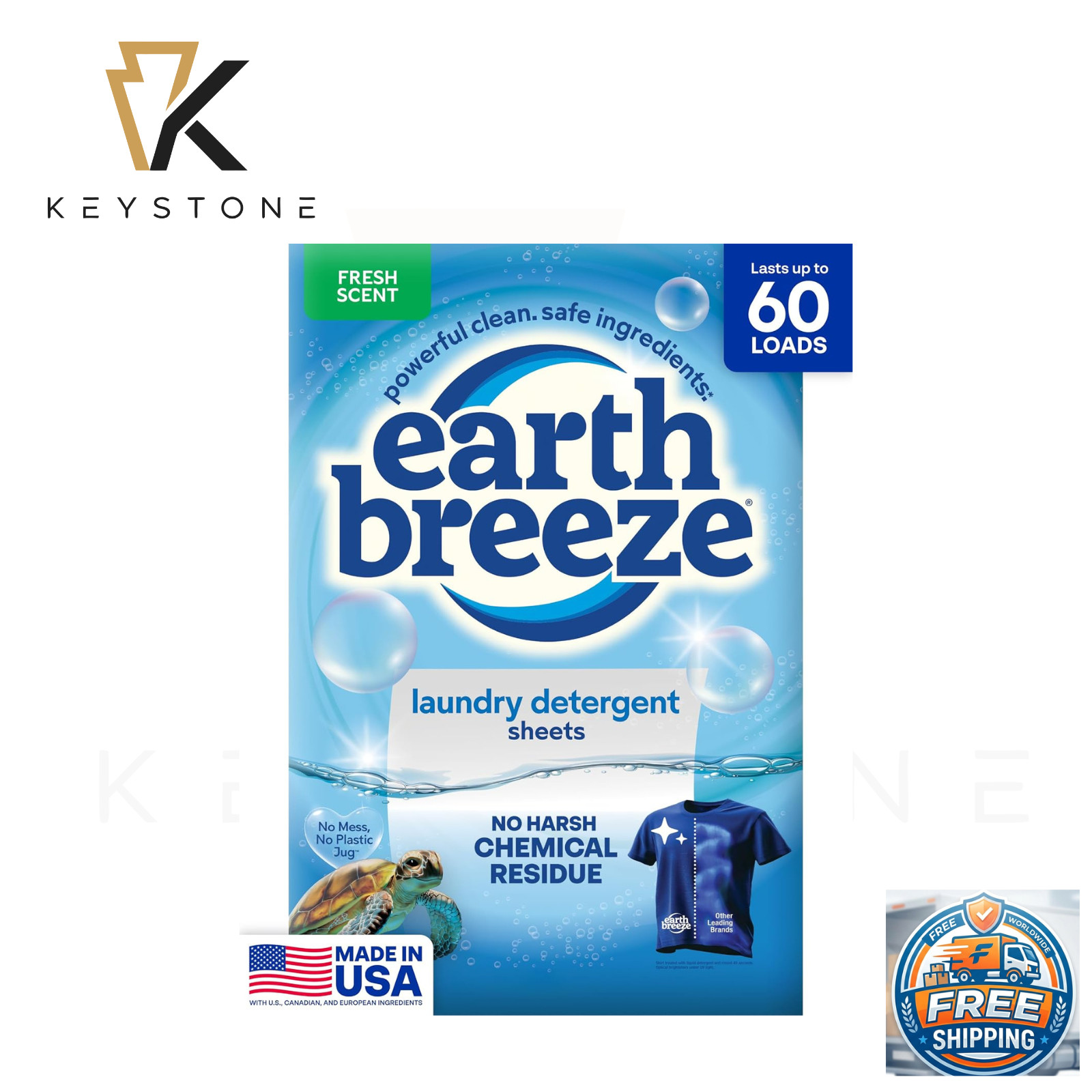 Earth Breeze Laundry Detergent Sheets Fresh Scent 60 Loads | Eco Liquidless Soap