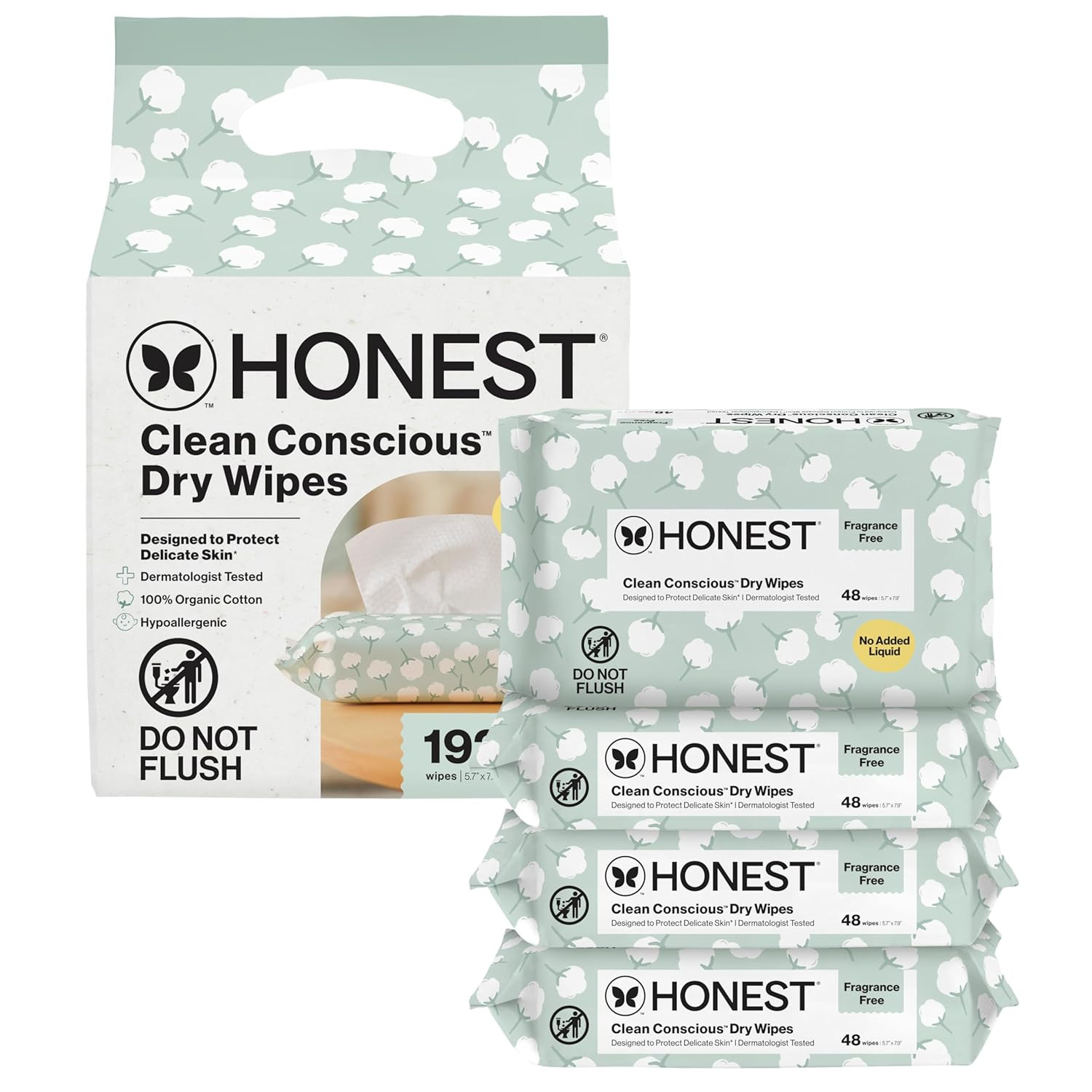 The Honest Company Organic Cotton Dry Wipes Baby Facial Cloths 192 Count New