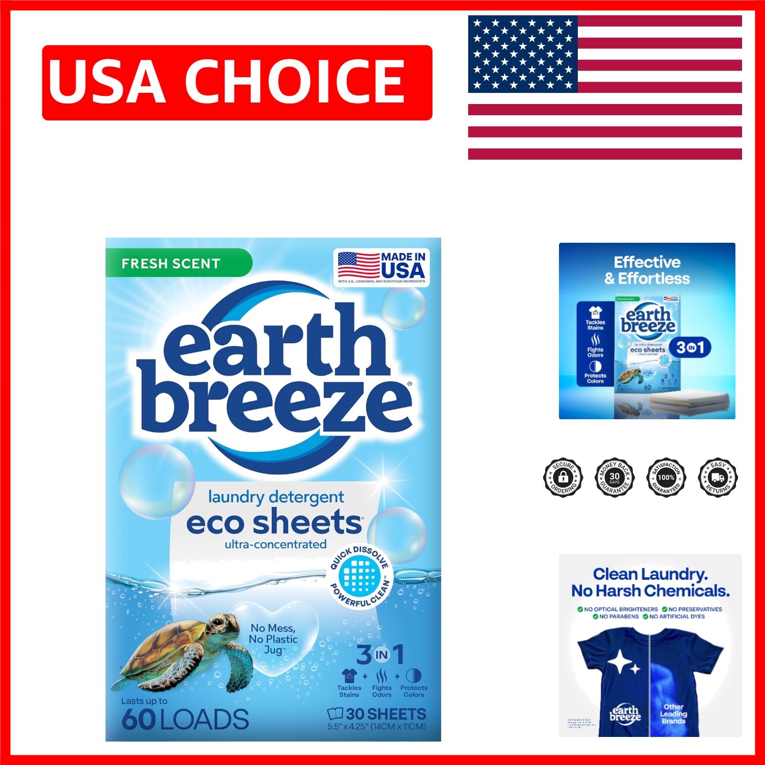 Earth Breeze Laundry Detergent Sheets Fresh Scent – 60 Loads Eco Liquidless 30Ct