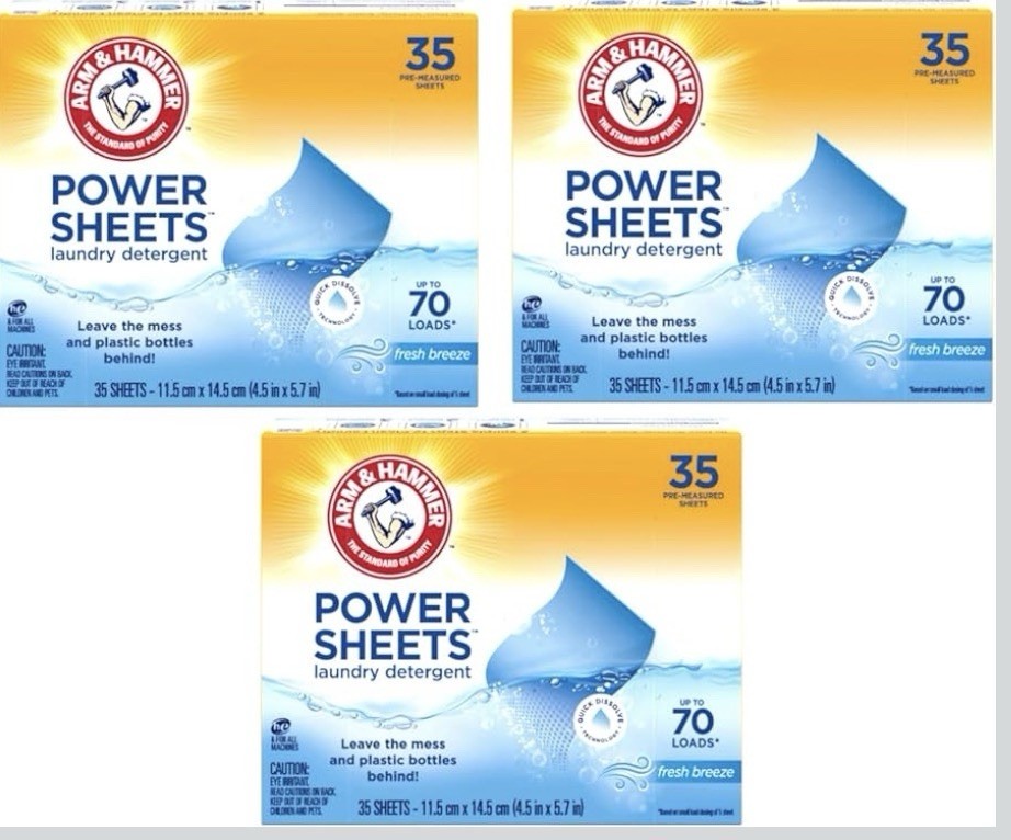 ARM & HAMMER Laundry Detergent Power Sheets,Fresh Breeze, 3 Pack Of 35ct