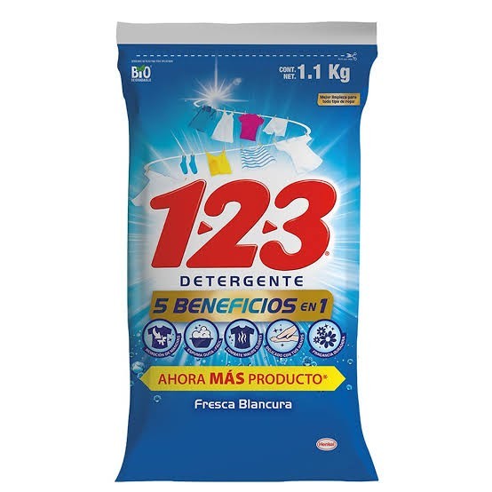 123 POWDER LAUNDRY DETERGENT 5 BENEFITS 1.1 KILO BAG TOUGH STAIN REMOVER