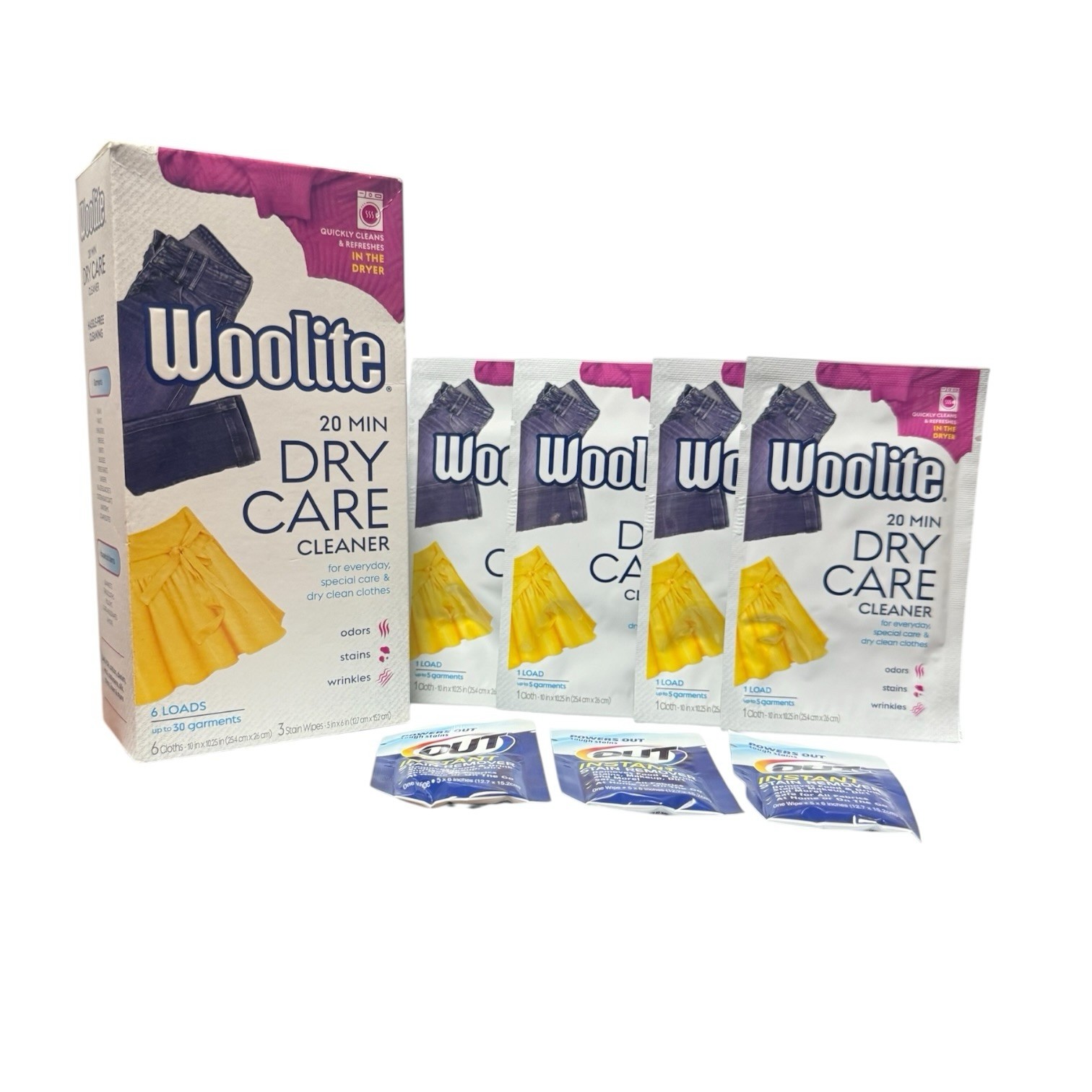 Woolite At Home Dry Cleaner Packets 4 Cloths 3 Stain Wipes Open Box