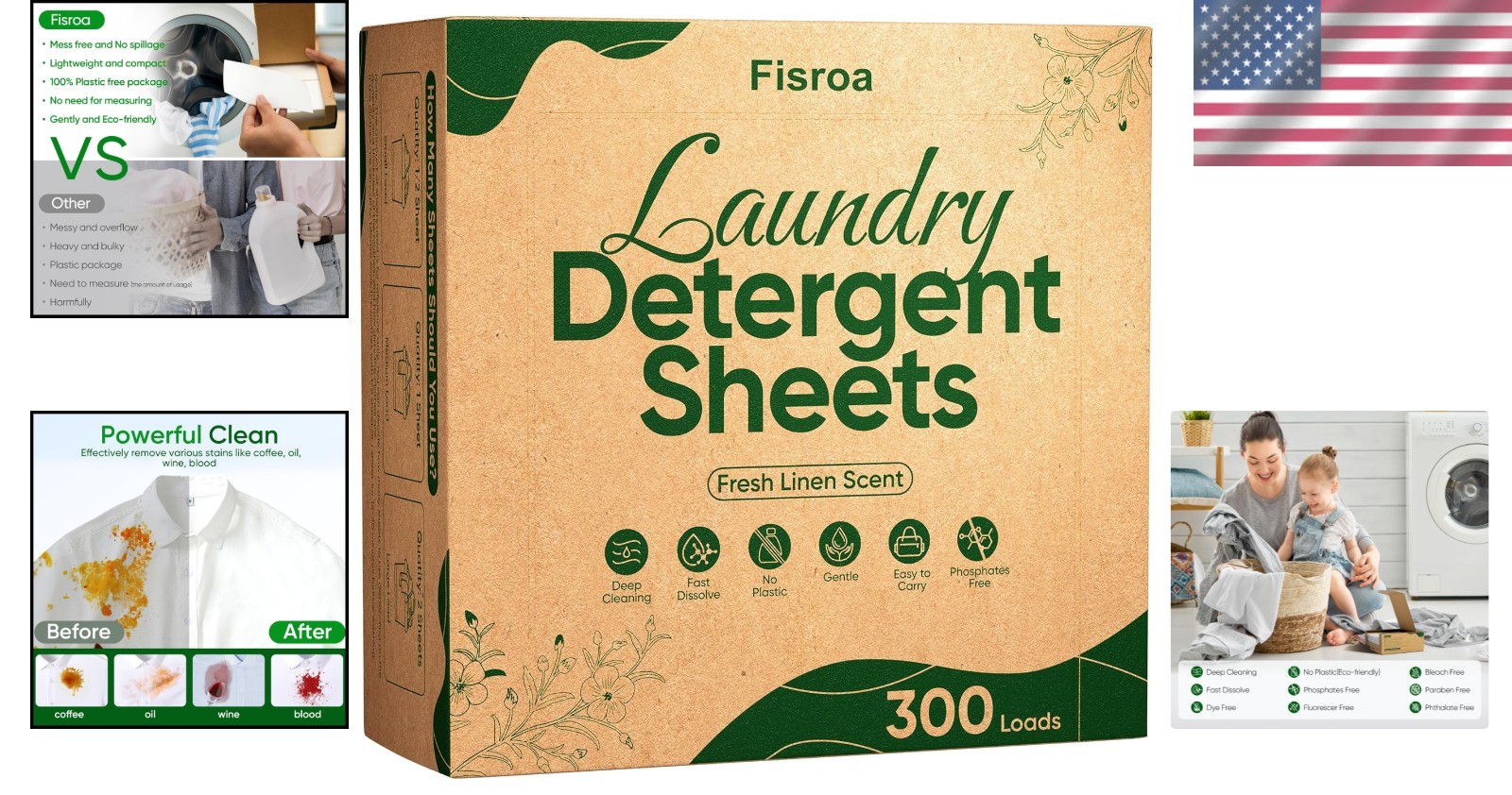 Travel Laundry Detergent Sheets Fisroa 300 Loads Eco-friendly Washing Detergent