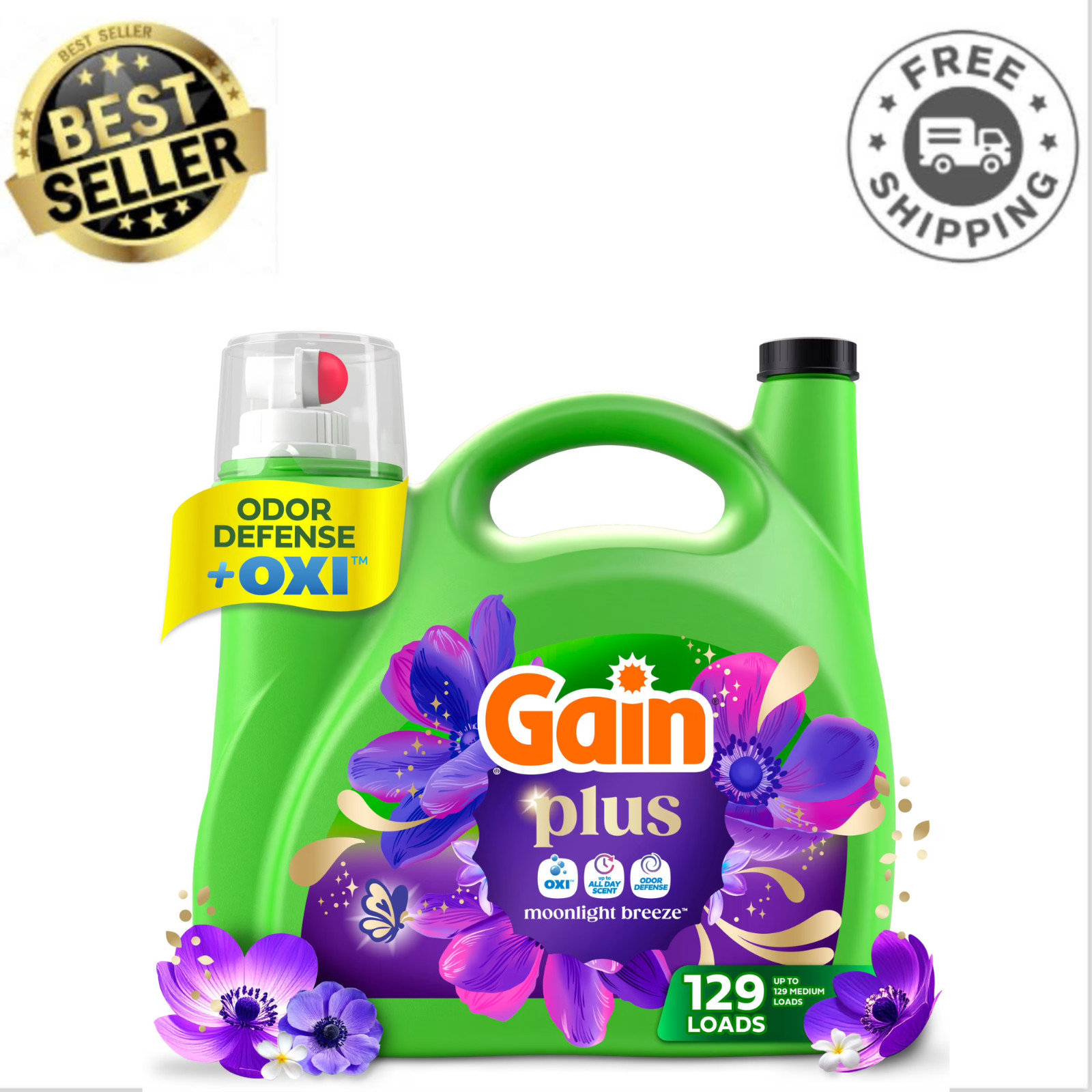 Gain Plus Liquid Laundry Detergent, Moonlight Breeze, 170 fl oz, 129 Loads, HE