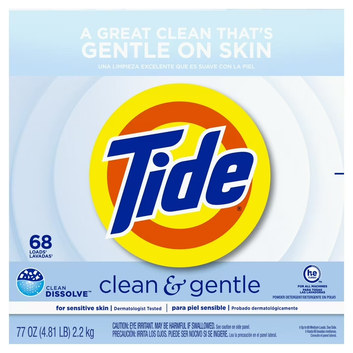 Tide Clean and Gentle Powder Laundry Detergent, Unscented, 77 oz, 68 Loads