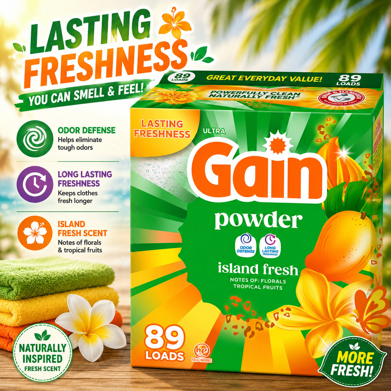 Gain Powder Laundry Detergent, Island Fresh Scent, 82 oz, 89 Loads-Free Shipping