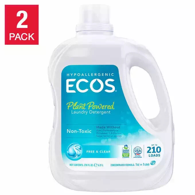 ECOS Liquid Laundry Detergent Free & Clear 210 Loads/210 fl oz x 2 Count HE Safe