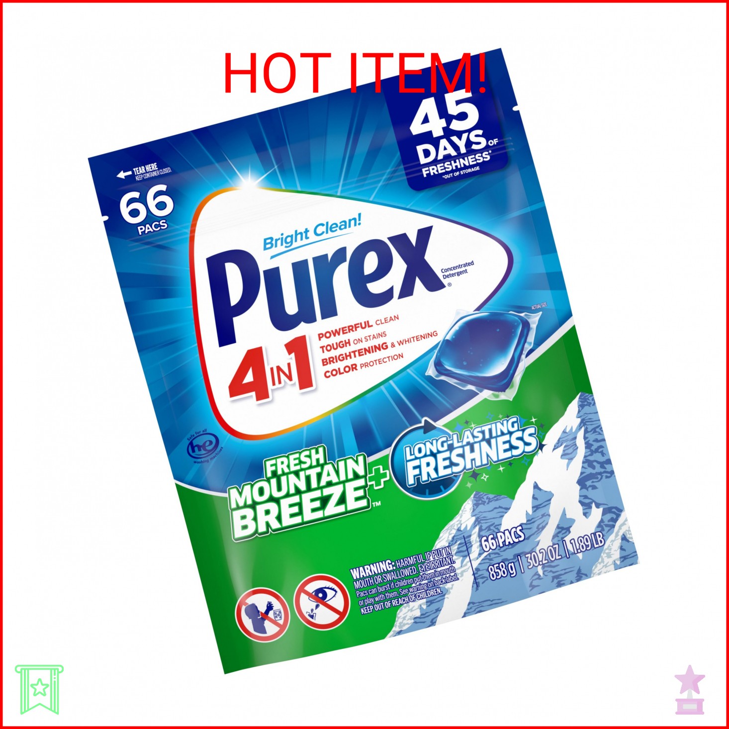 Purex Fresh Mountain Breeze Laundry Detergent Pacs, 66 Count, Pre Measured Pacs