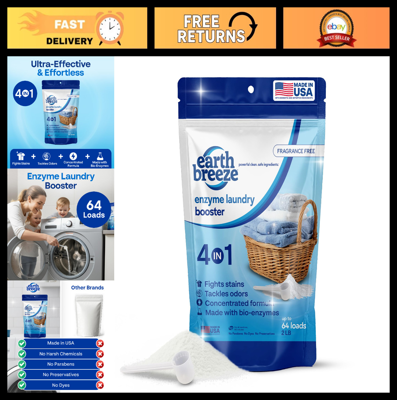 Powerful Enzyme Laundry Booster Powder 2lbs – Deep Clean, Odor Elimination, Stai