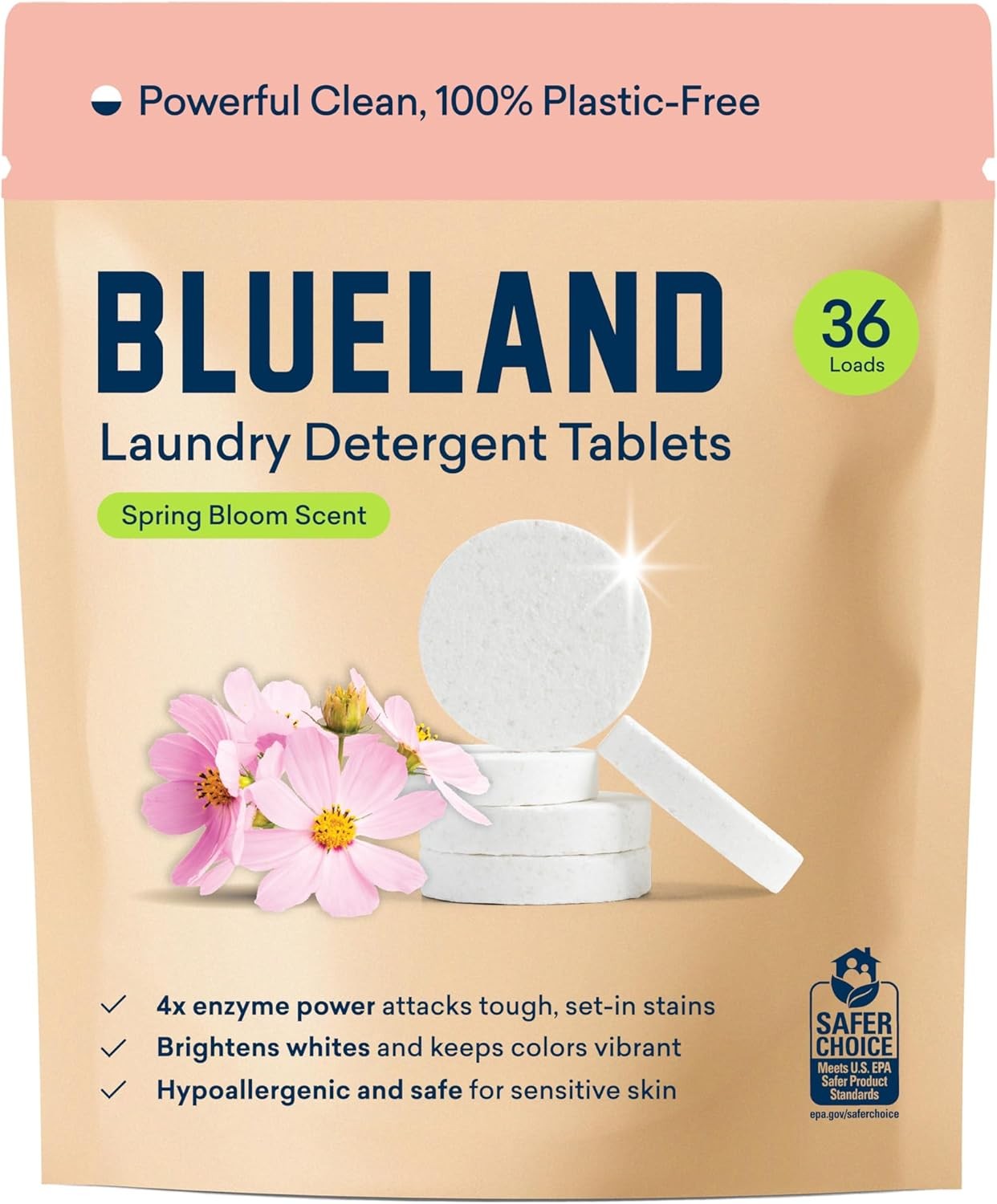 BLUELAND Laundry Detergent Tablets, 36 Count, Spring Bloom Scent, Plastic-Free E