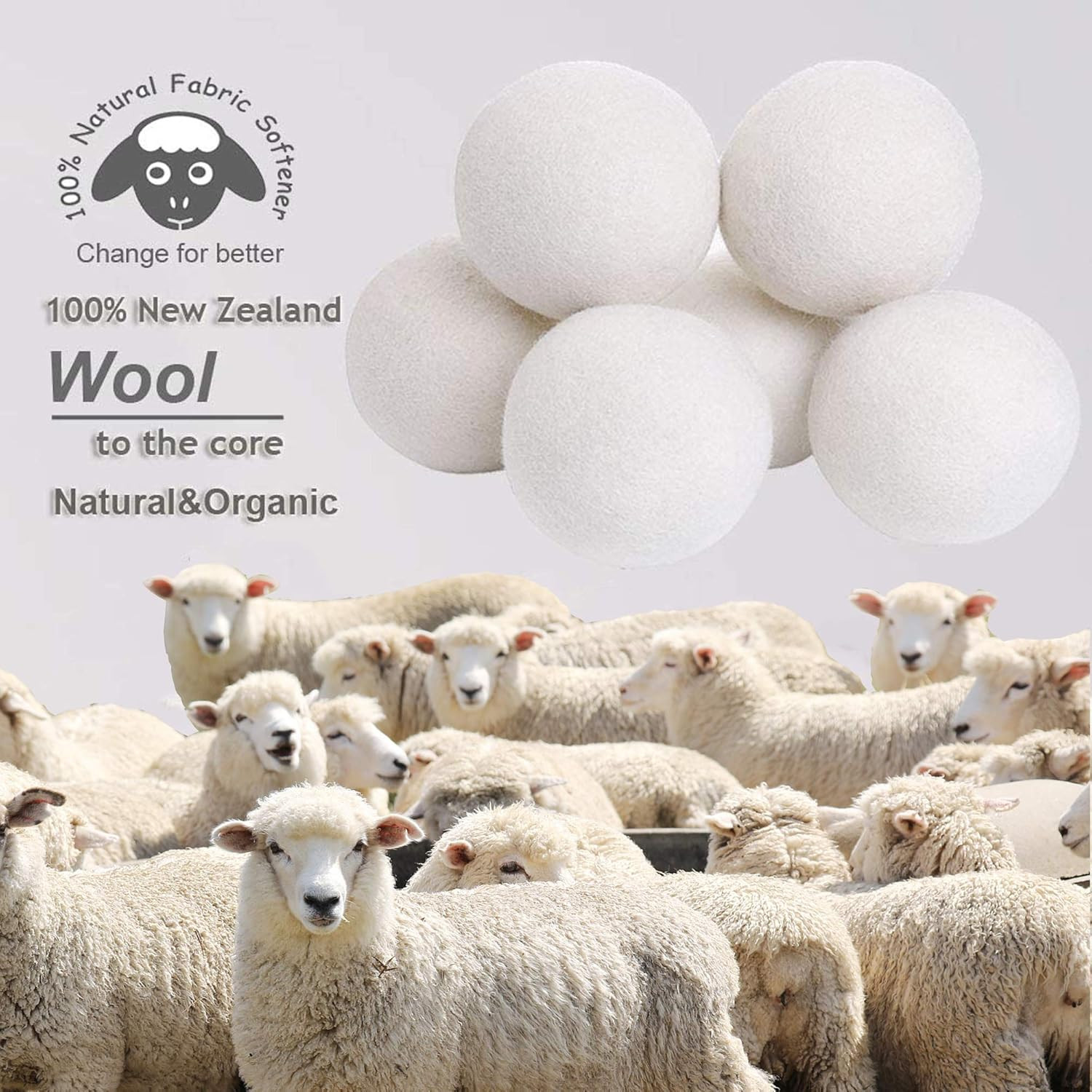 Wool Dryer Balls Organic XL 6-Pack, 100% New Zealand Wool Chemical Free Fabric S
