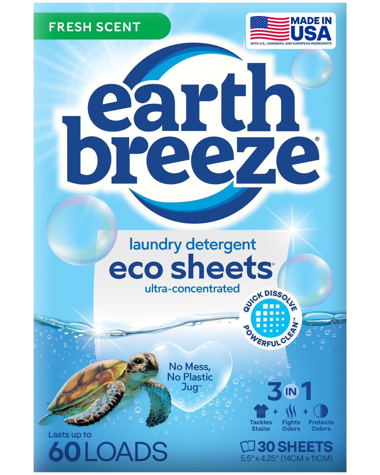 Earth Breeze Laundry Detergent Sheets Fresh Scent 60 Loads Eco Soap Travel Pack